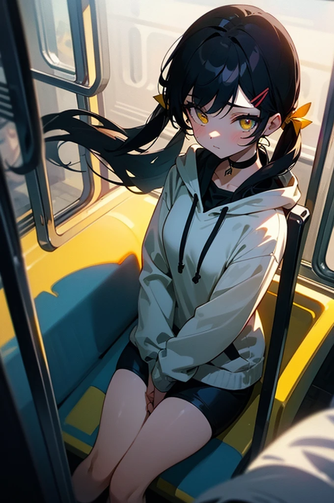 (masterpiece, best quality, 4k, insane details, watercolor, 1girl), long black hair, long twintails, cute hair pins, yellow eyes, choker, wearing a long black hoodie that covers her thighs, oversize clothes, sitting inside a train, leaning on the train window, cell shading, aesthetic, vibrant, perfect body, perfect hands, perfect eyes, detailed eyes, bokeh, reflections, cold atmosphere, from above
