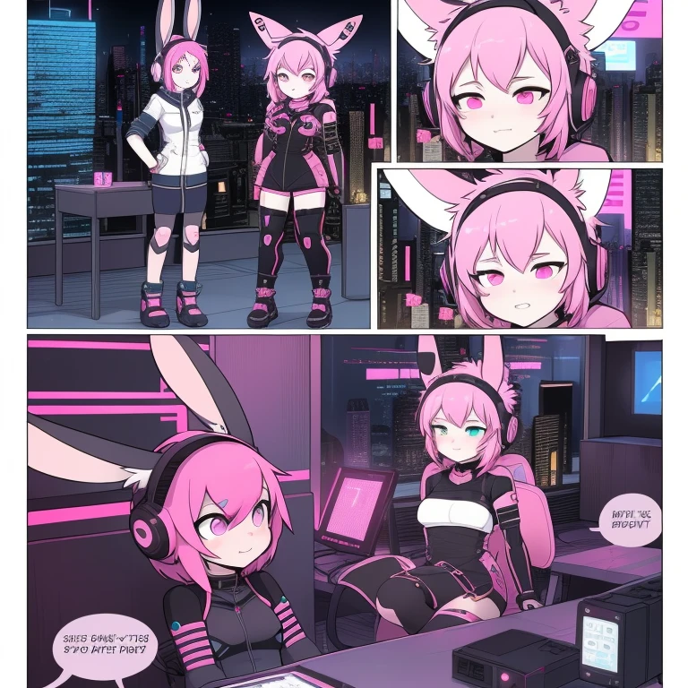 Best quality at best,On the table,comic strip,Cyberpunk costumes,,Cyberpunk girl wearing bunny ear headphones,Anklets,((with pink hair,Features of rabbit ear headphones,cyber punk Girl,Prick up your ears)),Short tail),The city of the near future、