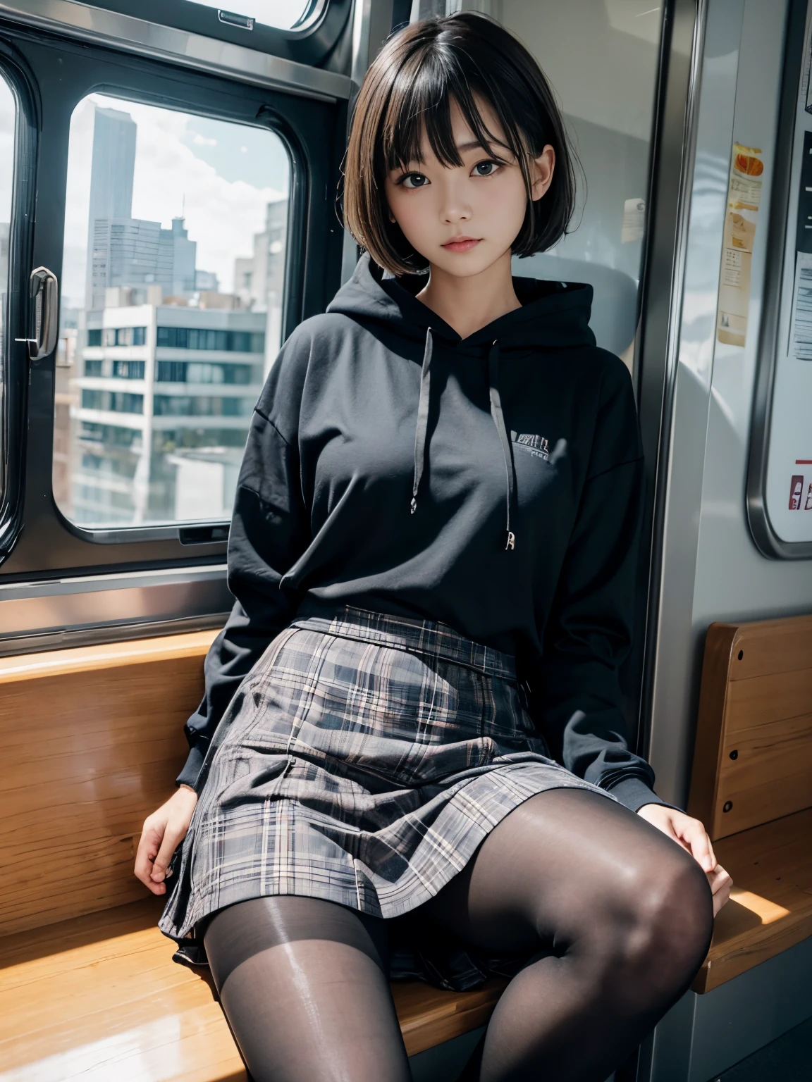 (​masterpiece、ultra-detailliert、8K、Raw photography、top-quality:1.5)、((Awesome))、1人の女性、beautiful detailed hand、Shorthair with bangs、(((Black pantyhose)))、(((Legs open lightly)))、hi-school girl、18year old、((directly in front))、校服、Wearing a black hoodie、((navy check mini skirt))、On the train、blue-sky、sitting on