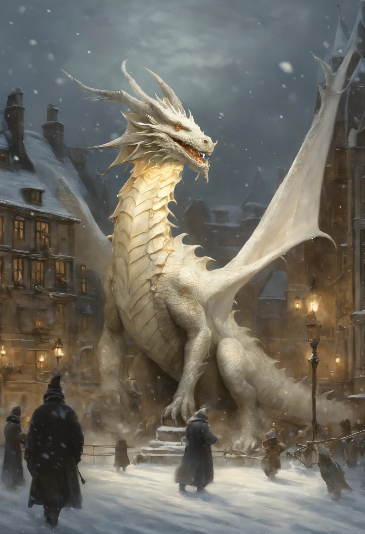 真实感, dark fantasy style, John Tolkien style, Small painting by Jean-Baptiste Monge, winter, Snow is falling, a huge decorated Christmas tree in the city center, a huge white dragon in the center lights up a star on the Christmas tree, area, Christmas tree, large white dragon with a golden crest - boy, anatomically correctly drawn body, Looks like an ancient dragon, The city, megalopolis, city trail, Big Christmas tree, glass skyscraper, Jean-Baptiste Monge, anthropomorphic --ar 2:3 --testp -optimistic;