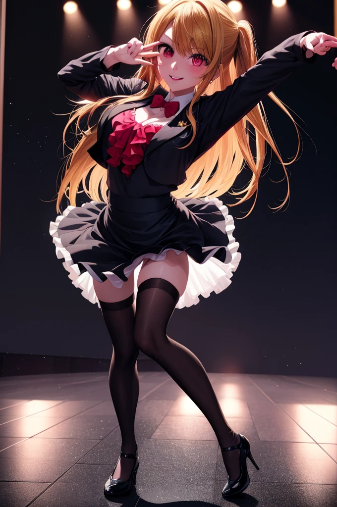 anime, beautiful face, highly detailed face, detailed perfect eyes, perfect hair, perfect lips, accurate arms, accurate hands, perfect legs accurate footware. highly detailed background, front lighting, perfect lighting, full body, 1girl, solo, ruby hoshino, ruby, oshi no ko, heels, blonde hair, thighhighs, stockings, absurdres, high res, ultrasharp, 8K, masterpiece, looking at viewer, (sexy pose:1.5), (full body:1.5), idol outfit, idol, revealing idol, skirt, cleavage, stockings, dynamic pose, full of delight, smiling full of compassion, blushed, on a stage, concert, performing on stage, blow kissing, air kiss