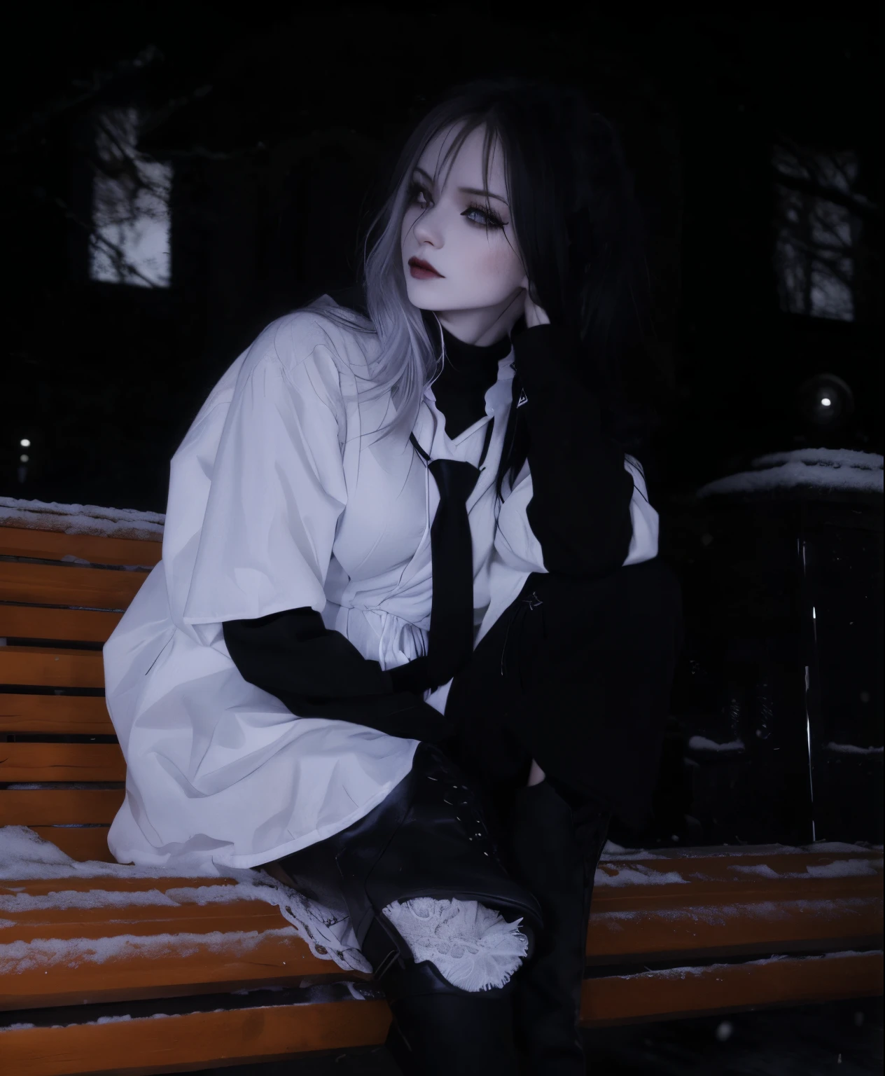 Arafed woman sitting on a bench in the snow at night, white blouse and gothic boots, The Gothic Aesthetics of Darkwave, goth girl aesthetic, white and black, in white clothes, dark and white, anna nikonova aka newmilky, Wearing Japanese technical clothing, wearing space techwear, Shot with Pentax K1000, gothic horror vibes