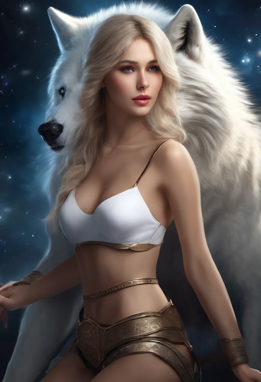 ((White wolf and girl)), (huge wolf), (a huge white wolf guards a beautiful girl), motion, running, blue eyes, White wolf fur glows with silver sparks, (young girl, very young), 16yo, (NSFW), Hourglass figure, big breasts, Broad Buttocks, blonde goddess, seductive smirk, ssmile, beatiful face, perfect white haired girl, Happy posture, cute seductive smile, a beautiful blonde, good young girl, Good viewing angle, attractive pose, Sweet girl, sexy pose, a gorgeous blonde, full length image, full length image, lips ajar, blue eyes, blonde woman, Very long curly hair, clothes transparent, transparent air payment, Silver collar, Silver Belt, Silver sandals, ((background Orion Nebula)), Starry sky background, Two moons, Orion Nebula, milky way at your feet, Professional, (4k photos:1.1) in front of a (Jeremy Lipking:0.3), (Nutritionist Anna:0.3), (Arian Mark:0.3), (sharp-focus:1.3), High level of detail, carrying (Low shirts:1.2), Beautiful Detail Face, brown eye, longue blonde hair, (Attractive young woman:1.3), (seductive:1.1), (Paint:1.1), (Masterpiece: 1.5) (Photorealistic: 1.1) (bokeh) (Best Quality) (detail skin texture, pores, hairsh: 1.1) (Intricate) (8K) (HDR) (wallpapers) (Cinematic lighting) (sharp-focus)