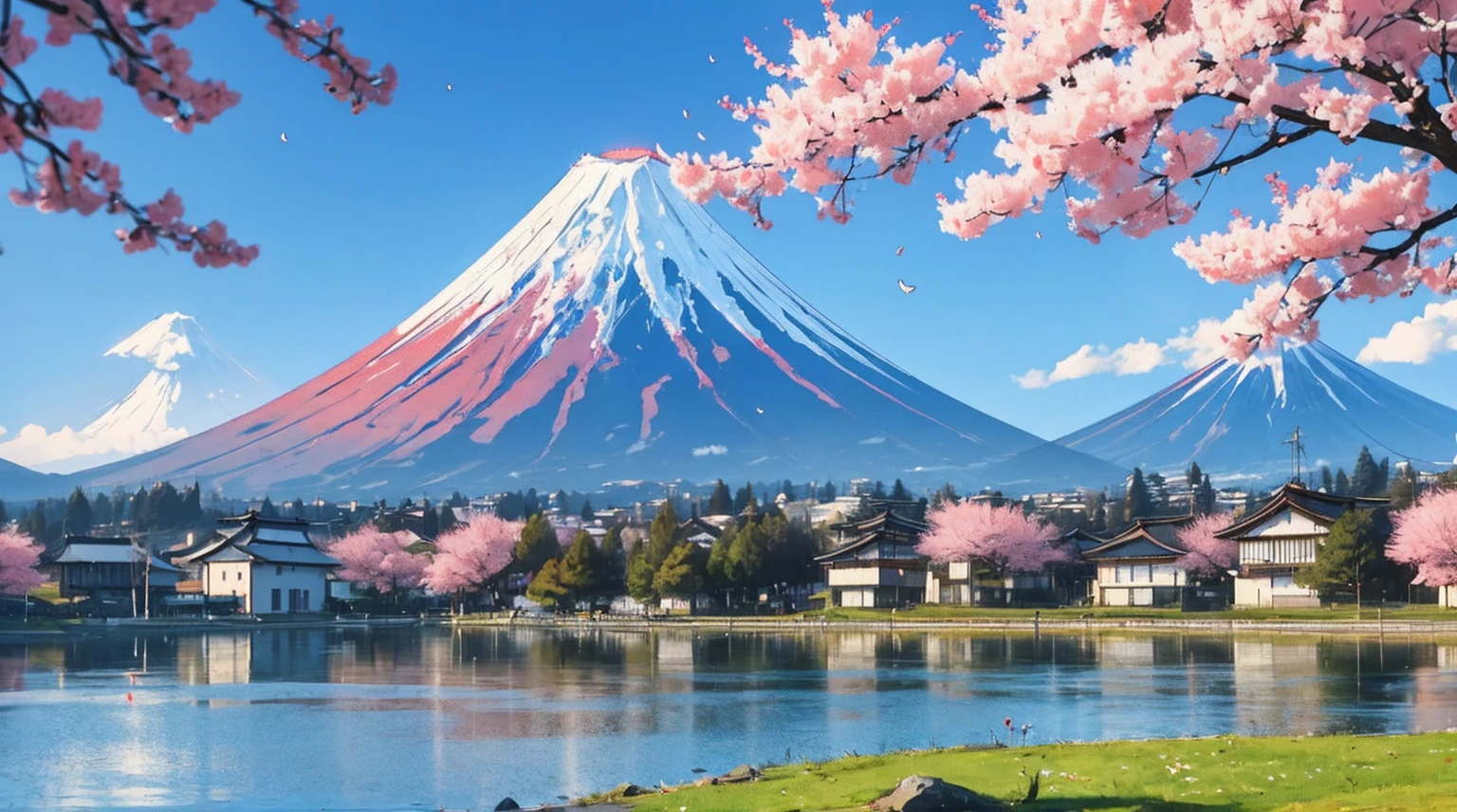Monte Fuji, visto do lago, clouds all over the sky, um sol entre a nuvem central, cherry trees on the lake shore, old japanese style houses on the lakeshore, 4k, detalhado, ceu bonito.