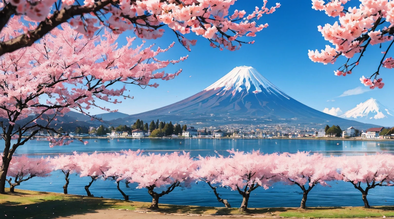 Monte Fuji, visto do lago, clouds all over the sky, um sol entre a nuvem central, cherry trees on the lake shore, old japanese style houses on the lakeshore, 4k, detalhado, ceu bonito.