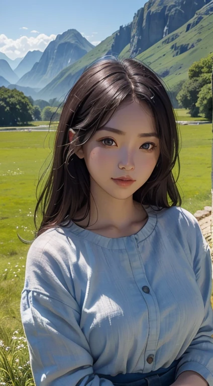 (Beautiful natural scenery:1.1), Blue background々An ancient grassland spreads out、In the distance　Calm Mountains々Looks、the sky is clear。, (Massive landscape:0.9), (Natural light:1.1), The sunlight falls on the beautiful woman&#39;s whole body、makes her shine even more。, She wears a crude costume made of linen like a primitive man.、Looking straight at you with a gentle smile, Standing and facing forward, Upper body visible