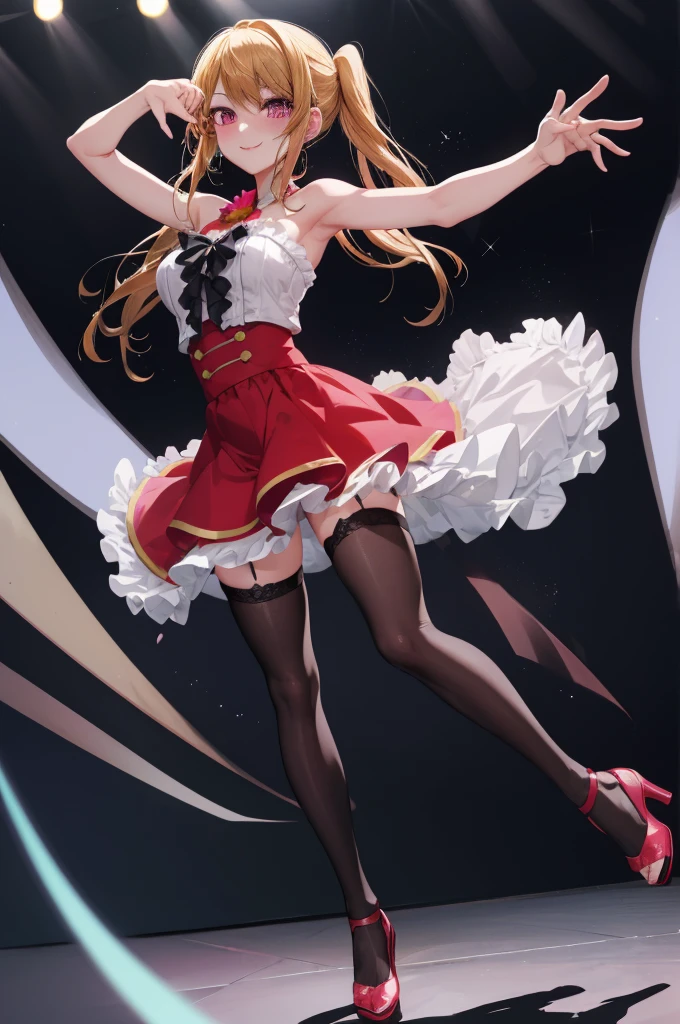 anime, beautiful face, highly detailed face, detailed perfect eyes, perfect hair, perfect lips, accurate arms, accurate hands, perfect legs accurate footware. highly detailed background, front lighting, perfect lighting, full body, 1girl, solo, ruby hoshino, ruby, oshi no ko, heels, blonde hair, thighhighs, stockings, absurdres, high res, ultrasharp, 8K, masterpiece, looking at viewer, (sexy pose:1.5), (full body:1.5), idol outfit, idol, revealing idol, skirt, cleavage, stockings, dynamic pose, full of delight, smiling full of compassion, blushed, on a stage, concert, performing on stage, blow kissing, air kiss