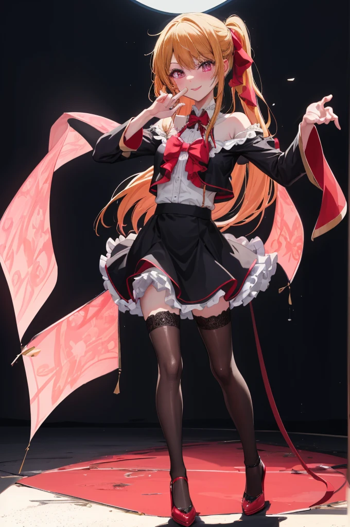 anime, beautiful face, highly detailed face, detailed perfect eyes, perfect hair, perfect lips, accurate arms, accurate hands, perfect legs accurate footware. highly detailed background, front lighting, perfect lighting, full body, 1girl, solo, ruby hoshino, ruby, oshi no ko, heels, blonde hair, thighhighs, stockings, absurdres, high res, ultrasharp, 8K, masterpiece, looking at viewer, (sexy pose:1.5), (full body:1.5), idol outfit, idol, revealing idol, skirt, cleavage, stockings, dynamic pose, full of delight, smiling full of compassion, blushed, on a stage, concert, performing on stage, blow kissing, air kiss