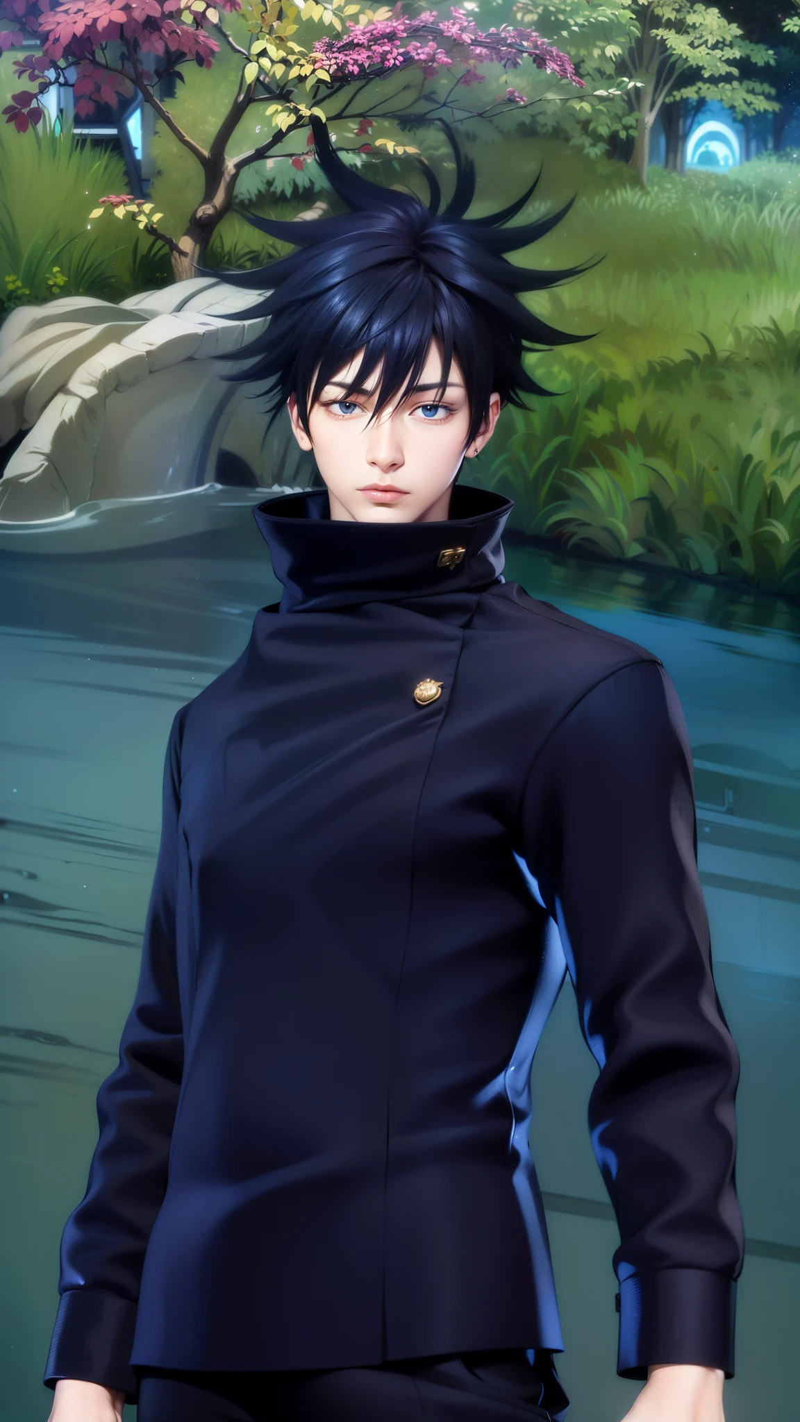 masculine male, masterpiece, ((perfect eyeest quality, (semirealism:1.9), beautiful lighting, (extremely detailed CG unity 4k fhd wallpaper), High Detail, Sharp focus, dramatic outdoors, 1 boy ,19 years old, blu hair, light purpel eyes.