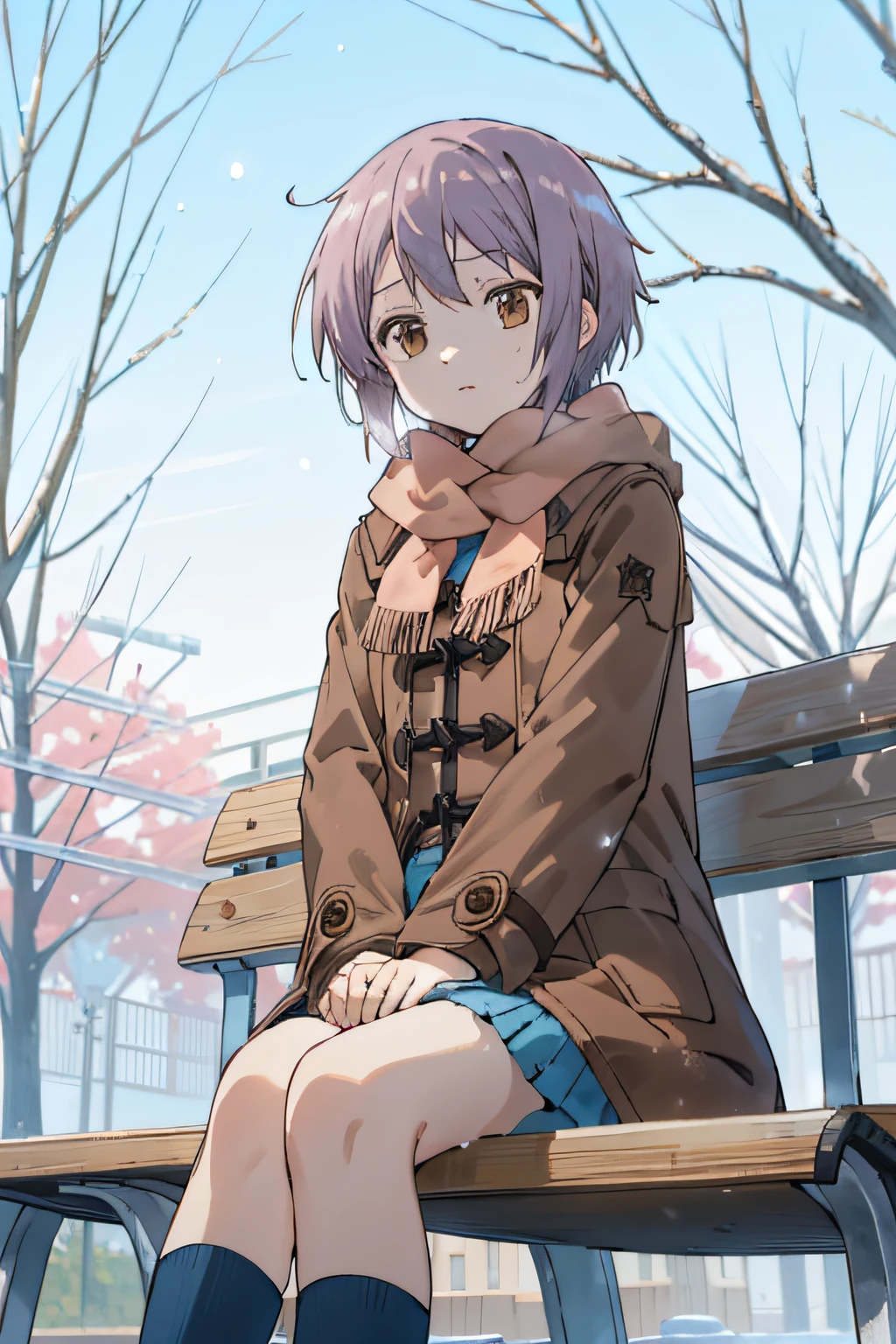 (masutepiece),(Best Quality), Yuki, Brown coat,  scarf, knee high, blank eye, expressionless face, Park, waiting, Benches, Snow, Yuki, tree, Nature,snowscape