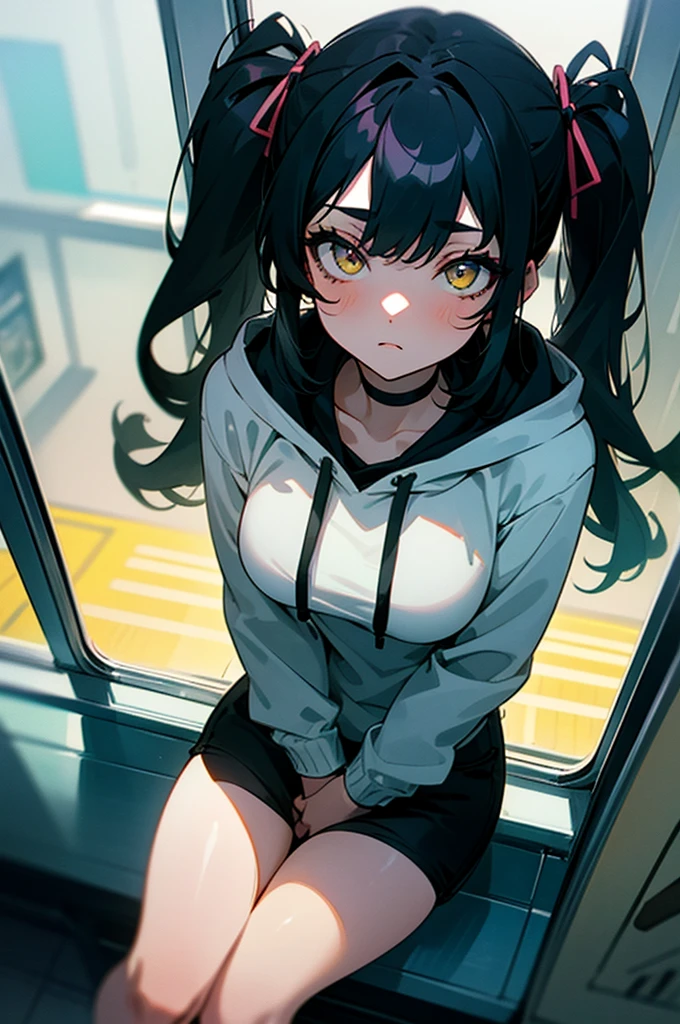 (masterpiece, best quality, 4k, insane details, watercolor, 1girl), long black hair, long twintails, cute hair pins, yellow eyes, choker, wearing a long black hoodie that covers her thighs, oversize clothes, sitting inside a train, leaning on the train window, cell shading, aesthetic, vibrant, perfect body, perfect hands, perfect eyes, detailed eyes, bokeh, reflections, cold atmosphere, from above