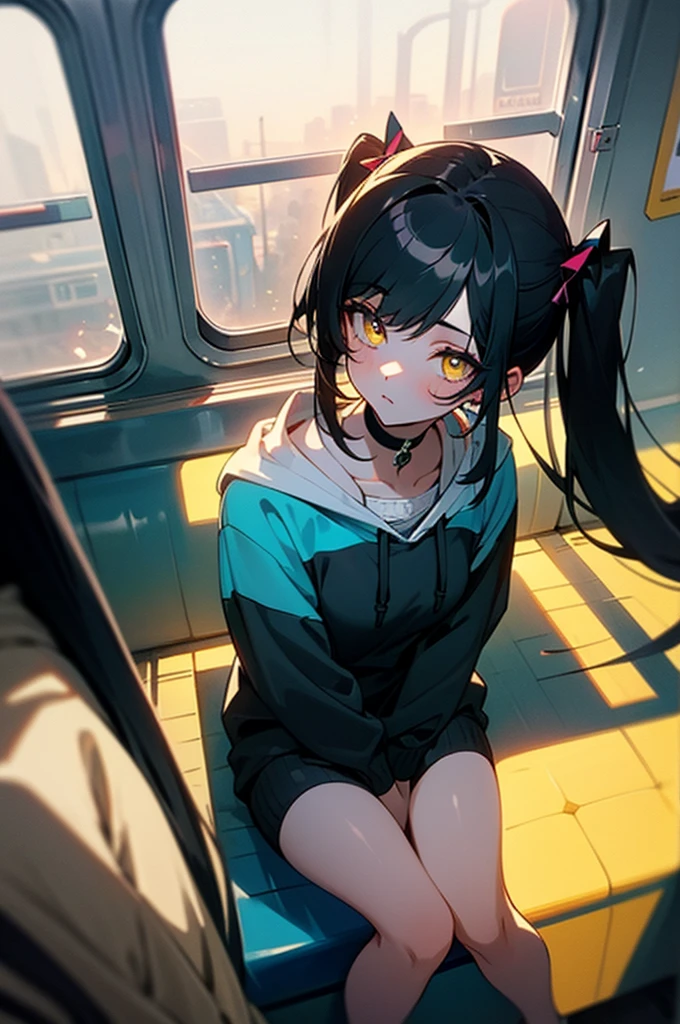 (masterpiece, best quality, 4k, insane details, watercolor, 1girl), long black hair, long twintails, cute hair pins, yellow eyes, choker, wearing a long black hoodie that covers her thighs, oversize clothes, sitting inside a train, leaning on the train window, cell shading, aesthetic, vibrant, perfect body, perfect hands, perfect eyes, detailed eyes, bokeh, reflections, cold atmosphere, from above