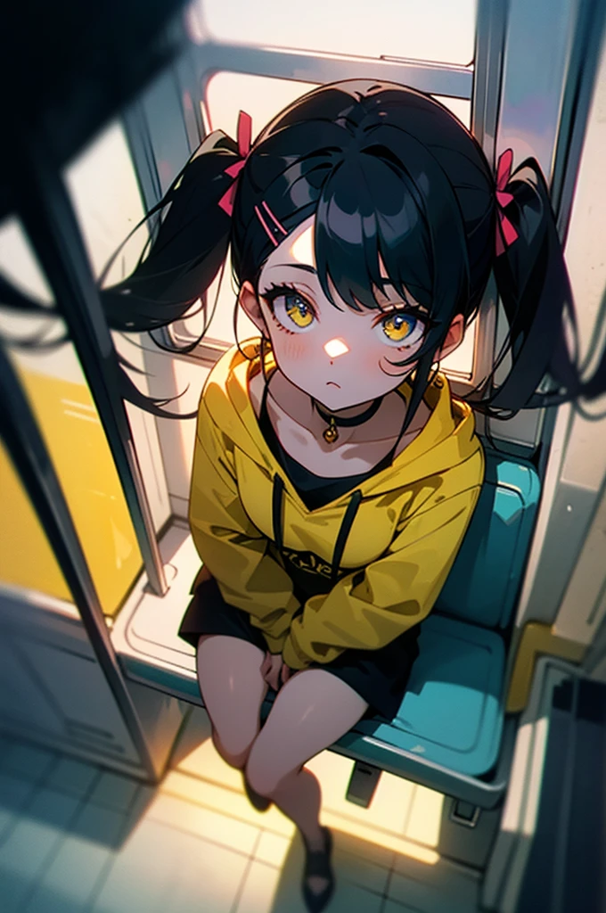 (masterpiece, best quality, 4k, insane details, watercolor, 1girl), long black hair, long twintails, cute hair pins, yellow eyes, choker, wearing a long black hoodie that covers her thighs, oversize clothes, sitting inside a train, leaning on the train window, cell shading, aesthetic, vibrant, perfect body, perfect hands, perfect eyes, detailed eyes, bokeh, reflections, cold atmosphere, from above