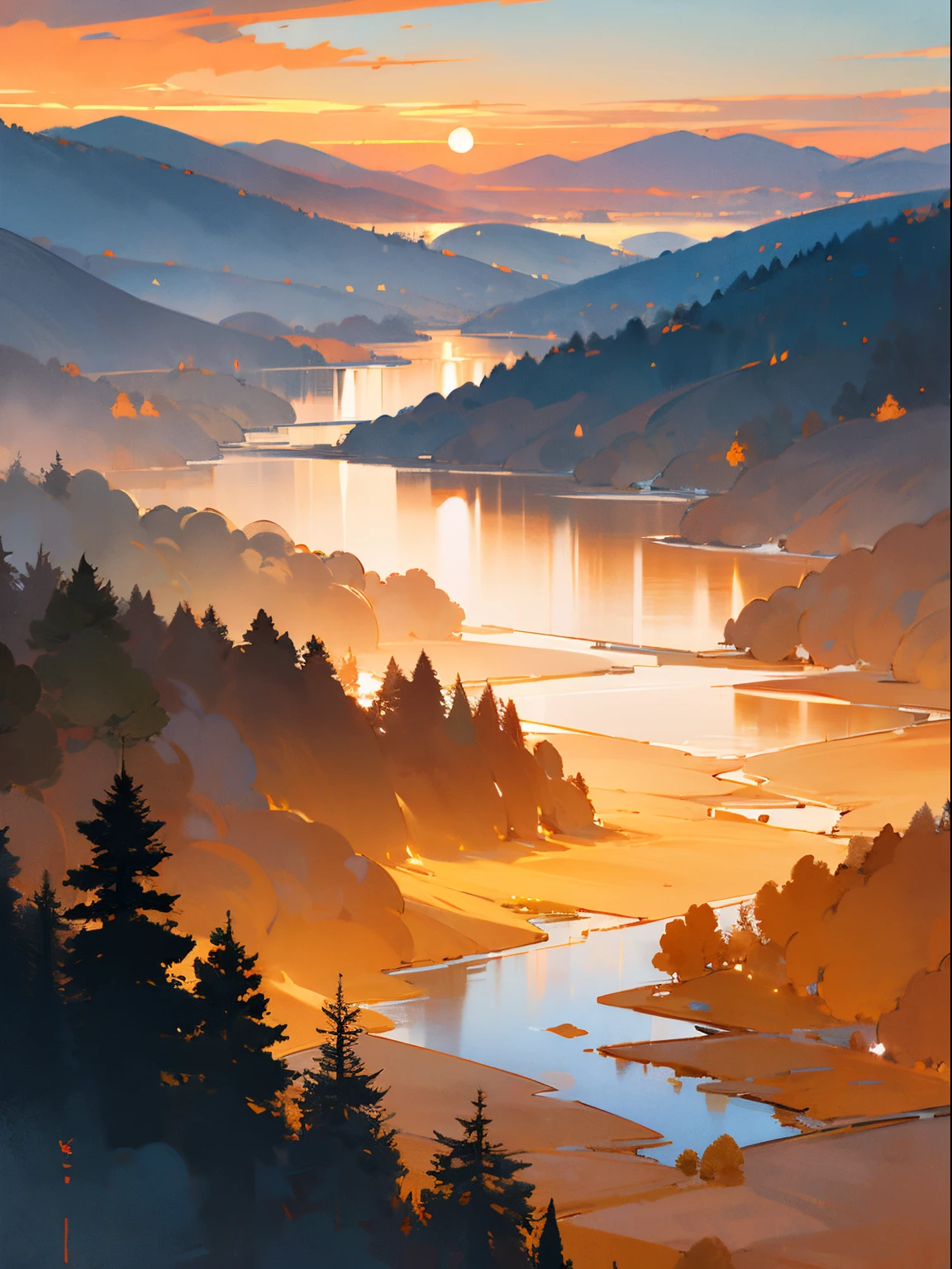 wide view (anime scene) (lake surrounded by mountains), pine forest, (sunset), cloudy sky, (no human:1), masterpiece, beautiful color palette, (warm orangish bluish tones), masterpiece, highly detailed