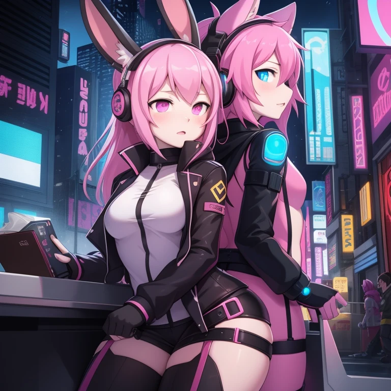 Best quality at best,On the table,comic strip,Cyberpunk costumes,,Cyberpunk girl wearing bunny ear headphones,Anklets,((with pink hair,Features of rabbit ear headphones,cyber punk Girl,Prick up your ears)),Short tail),The city of the near future、