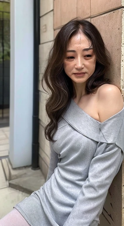 japanese mature, (Solo), 50 years old, (Wrinkles at the corners of the eyes:1.9), Large breasts, A MILF, glamor, A sexy, Chromo-white skin, Wavy Longhair, Looking at Viewer、Super large udder、Wearing a black knit off-shoulder dress、Tight fit knit dress Cheuchimuchi、Black pantyhose、high-heels、ssmile、Public places、