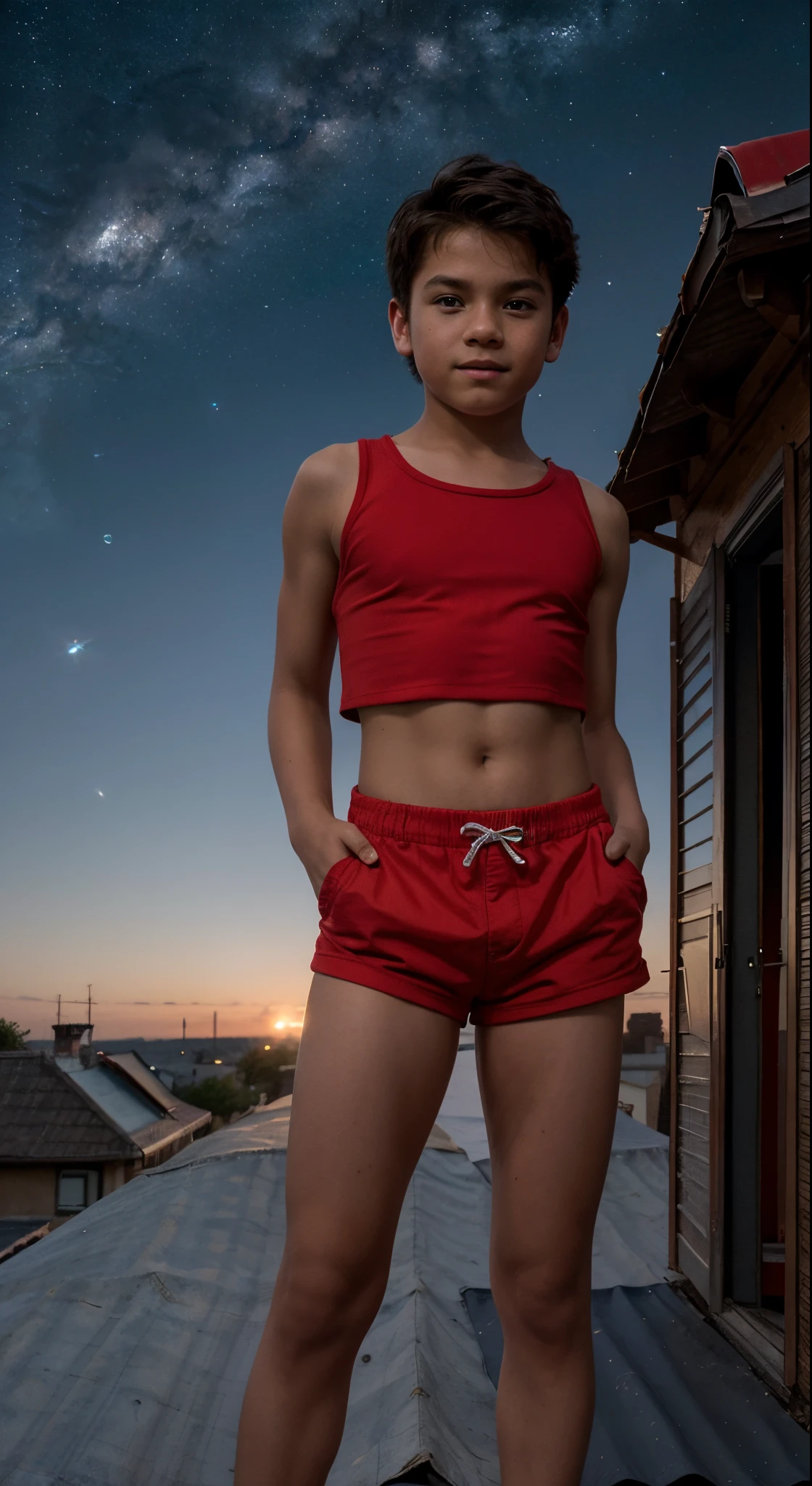 A boy 10 - stands on the roof of a house and looks at the starry sky, he is wearing a red crop top and short shorts, he is barefoot, red short top, Short shorts, bare footed, bare feet, Red Top, crop top, Short shorts