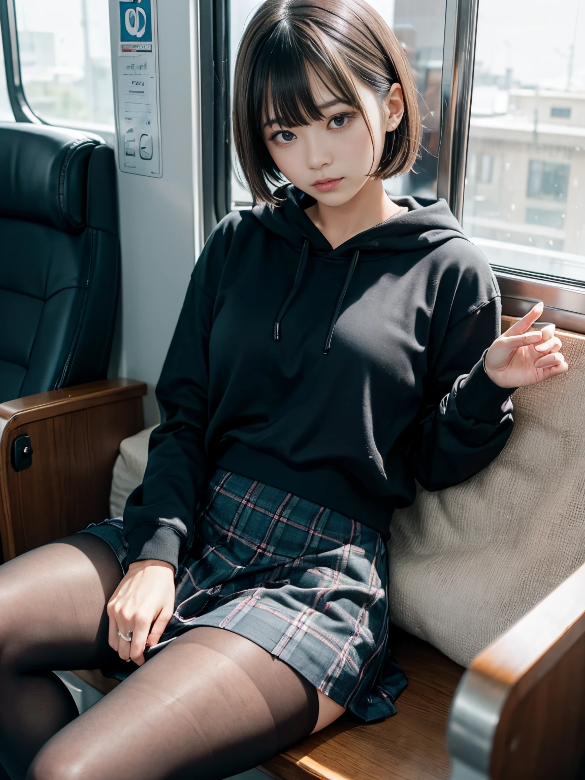 (masterpiece、ultra-detailliert、8K、Raw photography、top-quality:1.5)、((Awesome))、1人の女性、beautiful detailed hand、Shorthair with bangs、(((Black pantyhose)))、(((Legs open lightly)))、hi-school girl、18year old、((directly in front))、校服、Wearing a black hoodie、((navy check mini skirt))、On the train、blue-sky、sitting on