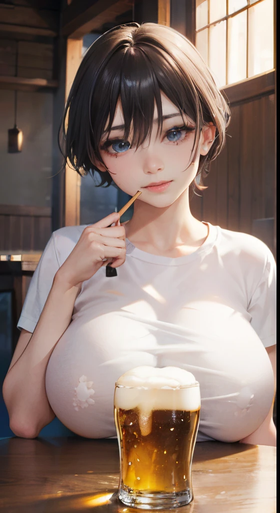 (8K, 超A high resolution, masterpiece of best quality, professional-grade detailed wallpaper, Ultimate very detailed everything, anime image, Game CG), Perfect human body、A detailed face、A detailed eye、 (inely detailed beautiful eyes, heart shape eyes, large boob,  cleavage, Gigantic , Very perfect anatomy body parts, Very perfect , White skin), (Spoken Heart)、(((Mole under the eyes、Sweat、Oil,gleaming skin、realistic skin textures、Detailed beautiful skin、Shiny skin、shiny white skin))),
Break Girl, (:1.3),  Ultra detailed eyes, Beautiful lips:0.8),  Full body diagram、reflecting light、bokeh shading background、randome pose、Smiling sadly while tipping a beer jack in a lively pub、Red face、Drunk、POV、white t-shirts、Beer and yakitori on skewers