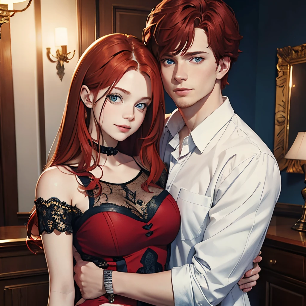 A red-haired, blue-eyed woman stands hugging a red-haired, blue-eyed man (High quality masterpiece, best quality 4k...: 1.2) Very detailed. (Realistic:1.37) Smiling, a masterpiece of art in the event, looking directly at the camera..