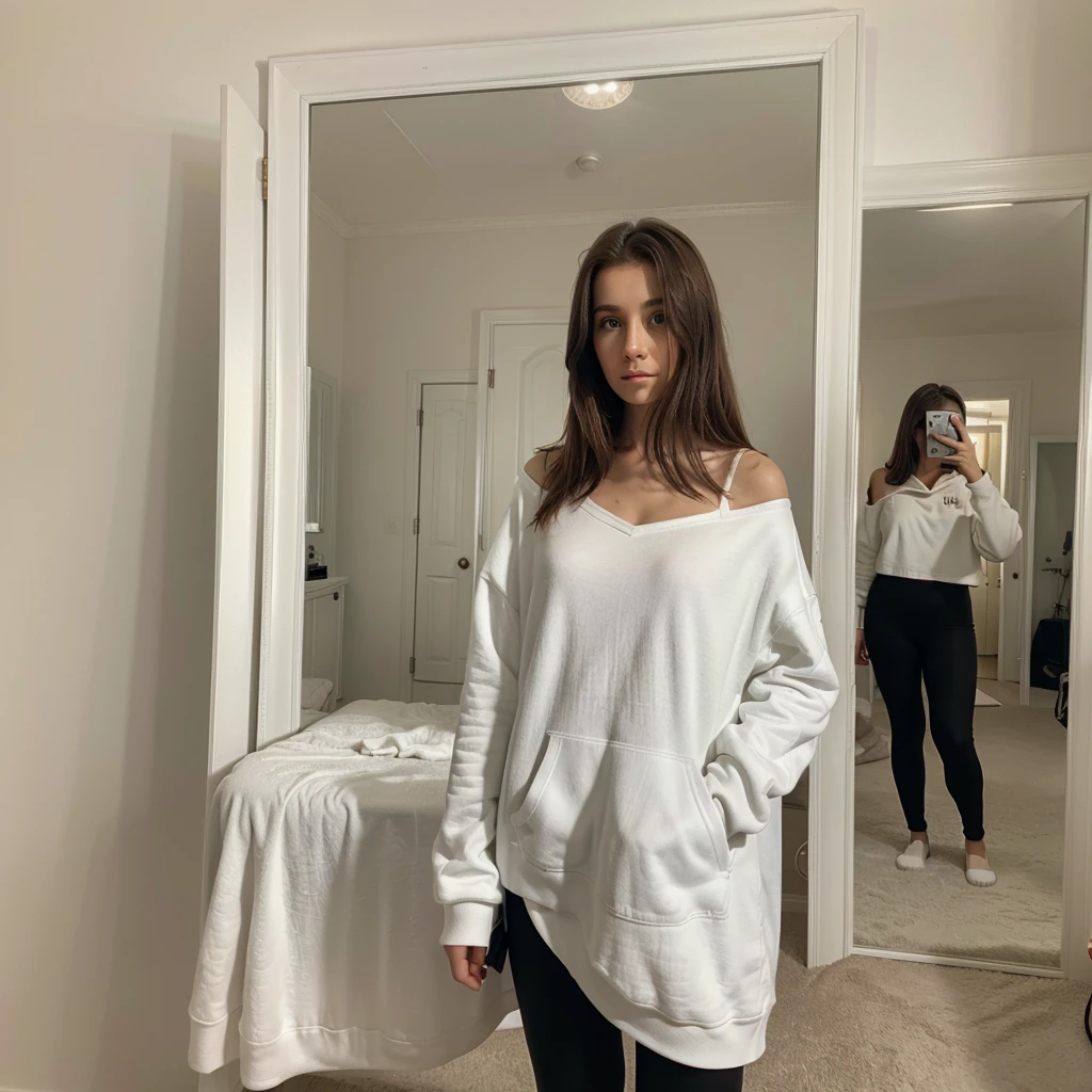 Photo réalistique ,scary dark filter ,Ultra detailded, master piece, best quality, a women, 23 years old, short fair light brown hair to the shoulder, standing in front of a mirror , making a selfie with her galaxy phone hiding her face with , wearing a black leggings with a white oversized hoodie with a white oversized coat and a red stan smith  in a beautiful white room with a large bed behind