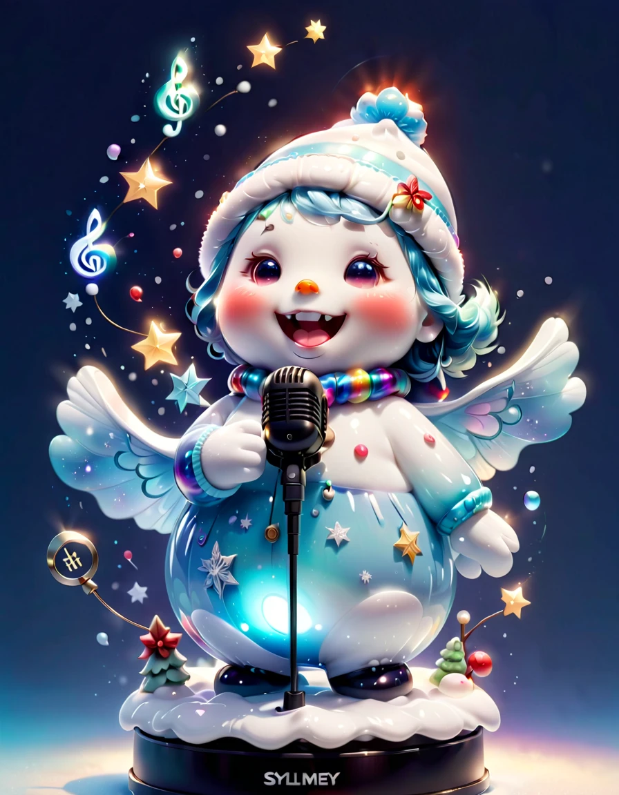 ((1 glowing magical and cute Christmas snowman)),((Singing with a microphone)), ((Syllable symbols floating in the air)),Christmas elements,Snowy daylue-sky,8K, Irridescent color, kawaii, cute big breasts, number art, high qulity, The is very detailed, 3Drenderingof,Bright colorinimalist style,Disney style,translucent