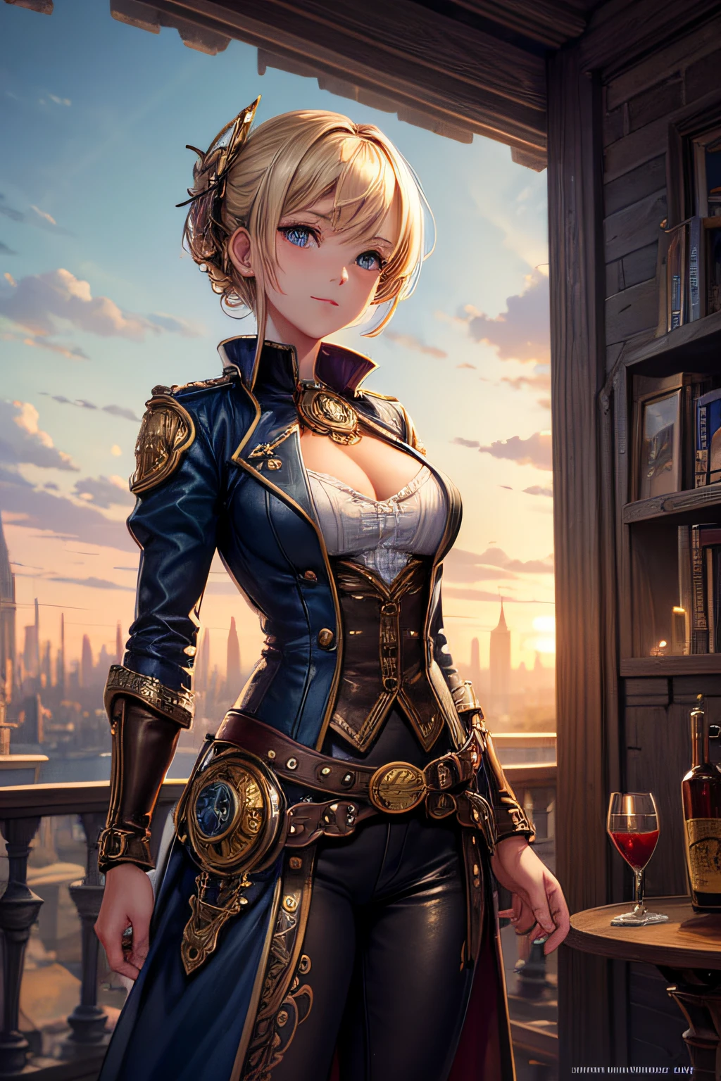 Create an illustration depicting a little girl overlooking a steampunk cityscape. The girl has dark skin, short blonde hair and shiny blue eyes. The girl should be standing in a vantage point, Rooftops, bridges, etc., Look down on the intricately designed steampunk city below. The cityscape should be meticulous and detailed, Showcase the intricacies of gears, pipes, And glamorous architecture. Her expression was、It should be one of the surprises and curiosities when observing a bustling city full of mechanical wonders, blimp, And glamorous architecture. Surround the scene with a warm atmosphere, Golden light to enhance the atmosphere, Emphasize brass and copper tones of steampunk elements. Capturing the adventurous spirit and charm in the eyes of a girl, Reflecting the charm of the fantastic steampunk world around her. The whole illustration should have a nostalgic vibe, Girl smiles. highly detailed, vibrant appearance, creative behavior, extremly detailed, imaginative, sensual, spontaneous, highest quality, skin texture, intricate details, (cinematic lighting), RAW photo, 8k, masterpiece,best quality,ultra-detailed,very detailed illustrations,extremely detailed,intricate details,highres,super complex details,extremely detailed 8k cg wallpaper,
