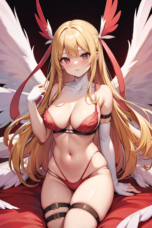 blonde hair, red bra, red lingerie, red underwear, long hair, angel wings,large breasts, bare shoulders, elbow gloves, feathered wings, gloves, head wings, navel, pink ribbon, ribbon, single elbow glove, single glove, thigh strap, wings