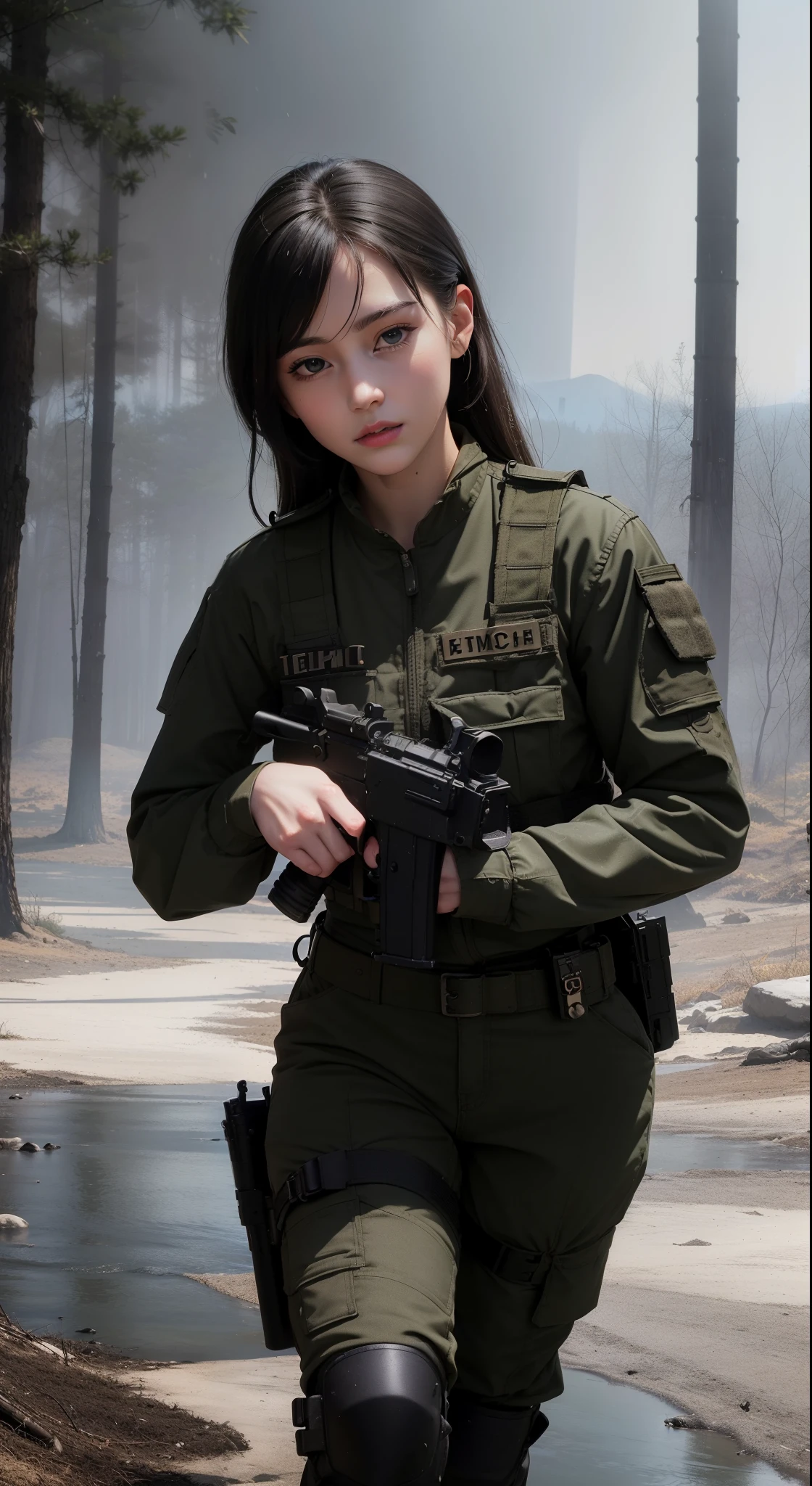 ((best quality)), ((masterpiece)), (detailed), beautiful lighting, best quality, realistic, full body portrait, real picture, intricate details, depth of field, 1girl, A very muscular solider girl with long haircut, around 20 years old wearing a black uniform holding a gun in the hallway, wearing Swat tactical gear, photography of a techwear woman, dressed in Swat tactical armor, black Swat tactical gear, Tactical vest and holster, Beautiful Female Soldier, Holding a rifle, closeup portrait shot, Have an MP7, holding rifle, special forces security, airsoft cqb, highly-detailed, perfect face, blue eyes, lips, wide hips, small waist, tall, make up, Fujifilm XT3, outdoors, bright day, Beautiful lighting, RAW photo, 8k UHD, film grain, ((bokeh)) (((Walking along a stream in a jungle, Fires, Smoke, debris, Camo netting, Ammo Boxes, Rain, Stormy, Wet, abstract beauty, near perfection, burning scene in the background, the forest is on fire, Mushroom Cloud, winner of the year's best photo, the world on fire, post-apocalyptic hellscape military photography, photo epic of the year, fire on the horizon, epic cinematic shot, pure form, intricate detail, 8k post-production, High resolution, super Detail, trending on ArtStation, sharp focus, studio photos, intricate detail, Very detailed,