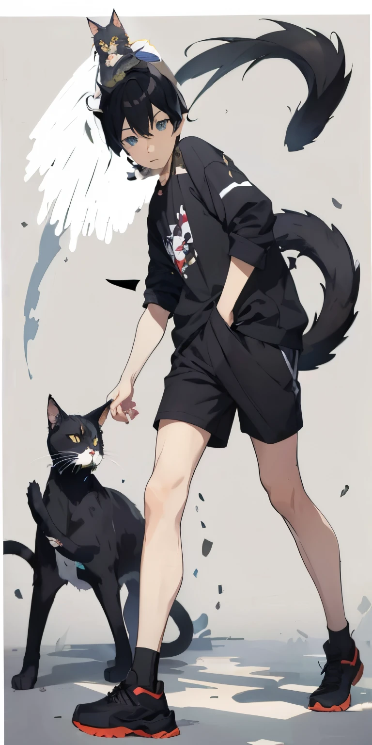 Anime character walking down the street with cat and wings, boy with cat ears and tail, anime cat, anime cat girl, emo boy with cat ears and tail, Anime full body illustration, author:Hero, author: Kuncan, cute anime catgirl, style anime, beautiful anime catgirl, style of anime, Male anime style, style of anime