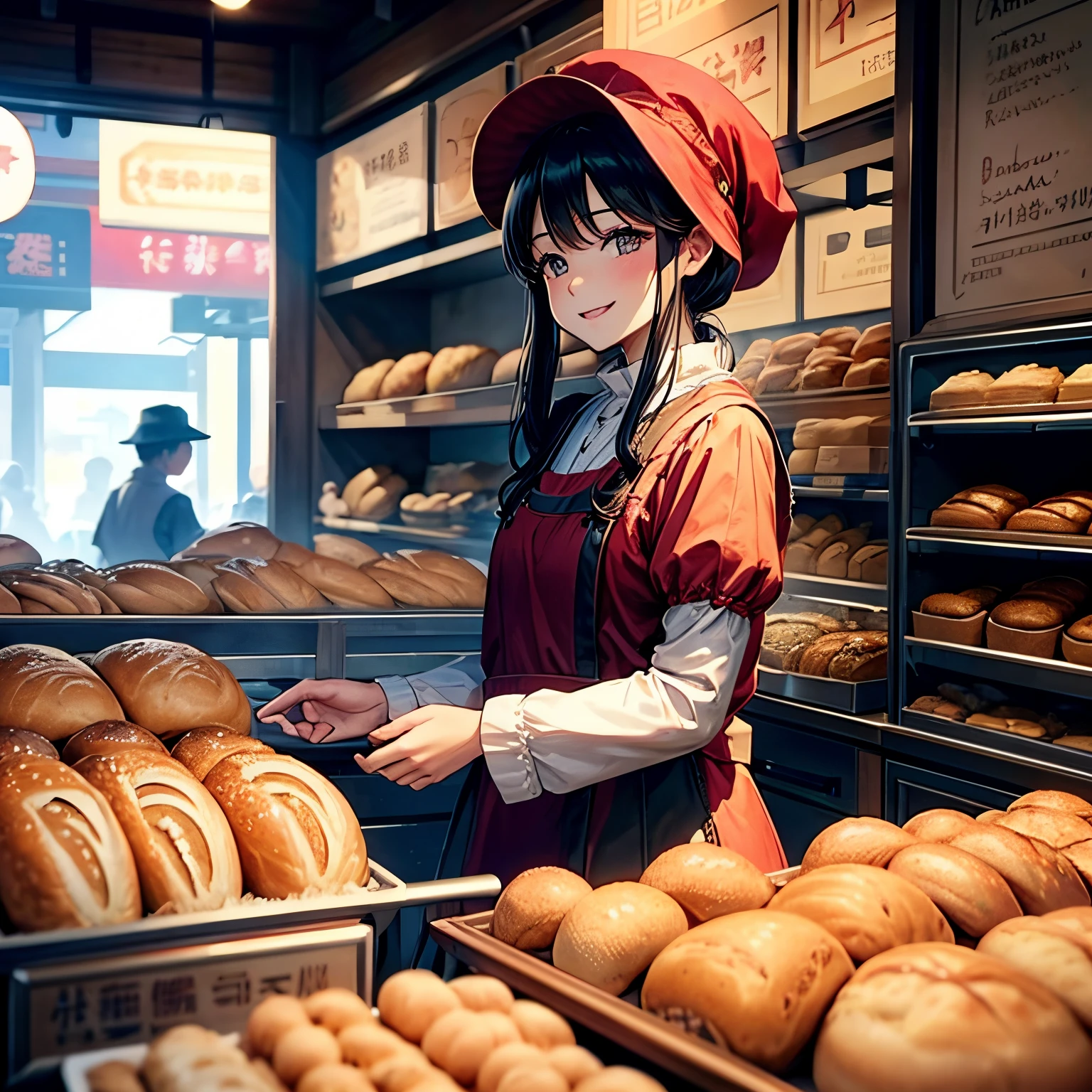 Customer interaction**
   ・A lady who smiles and talks with customers.、Conveying the characteristics and specialties of bread。Creating human interaction。
A dark-haired woman wearing a red hat is talking with several customers at a bakery.