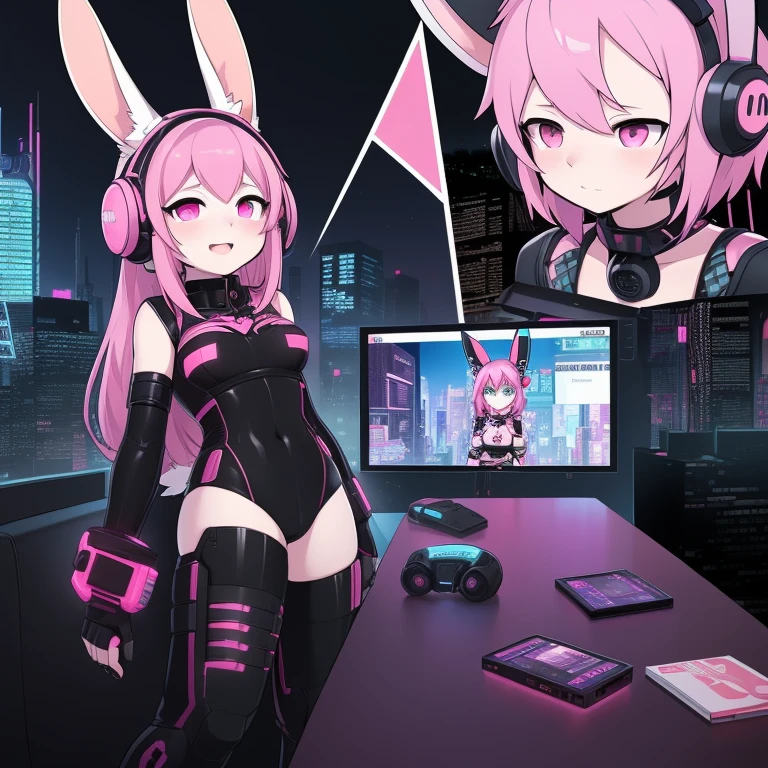Best quality at best,On the table,comic strip,Cyberpunk costumes,,Cyberpunk girl wearing bunny ear headphones,Anklets,((with pink hair,Features of rabbit ear headphones,cyber punk Girl,Prick up your ears)),Short tail),The city of the near future、