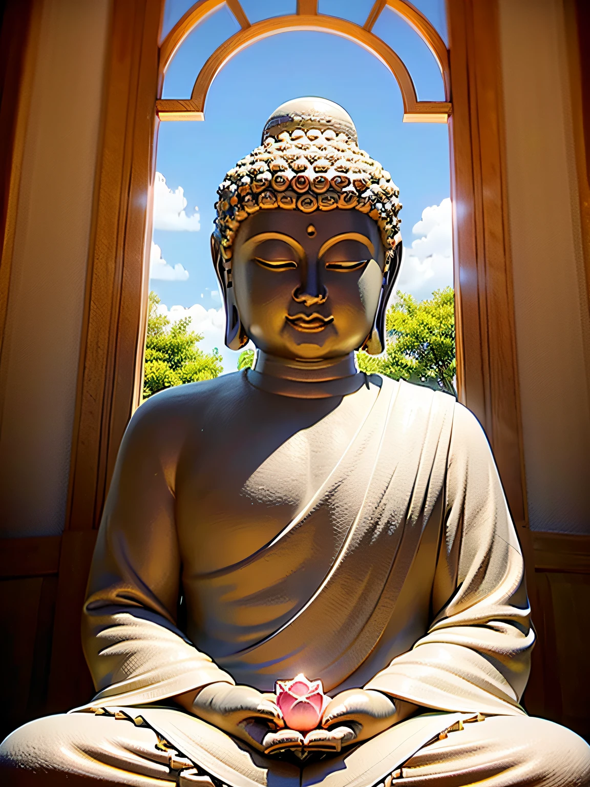 on a grassy field,flowers blooming,The sky is blue,The background is blue sky,clouds,There is the sun in the sky,There is a huge white Buddha statue on a lotus base,The Buddha statue clasped his hands together,Shoot from a distance,,rays of sunshine,フォトリアリスティック