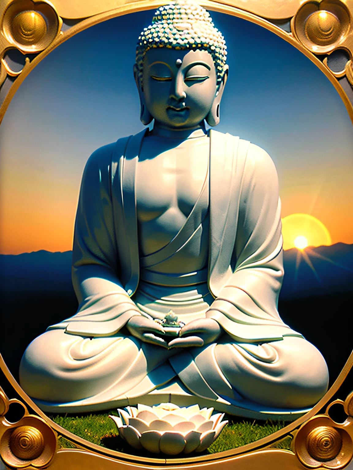 on a grassy field，flowers blooming，The sky is blue，The background is blue sky，​​clouds，There is the sun in the sky，There is a huge white Buddha statue on a lotus base，The Buddha statue clasped his hands together，Shoot from a distance，，rays of sunshine，フォトリアリスティック