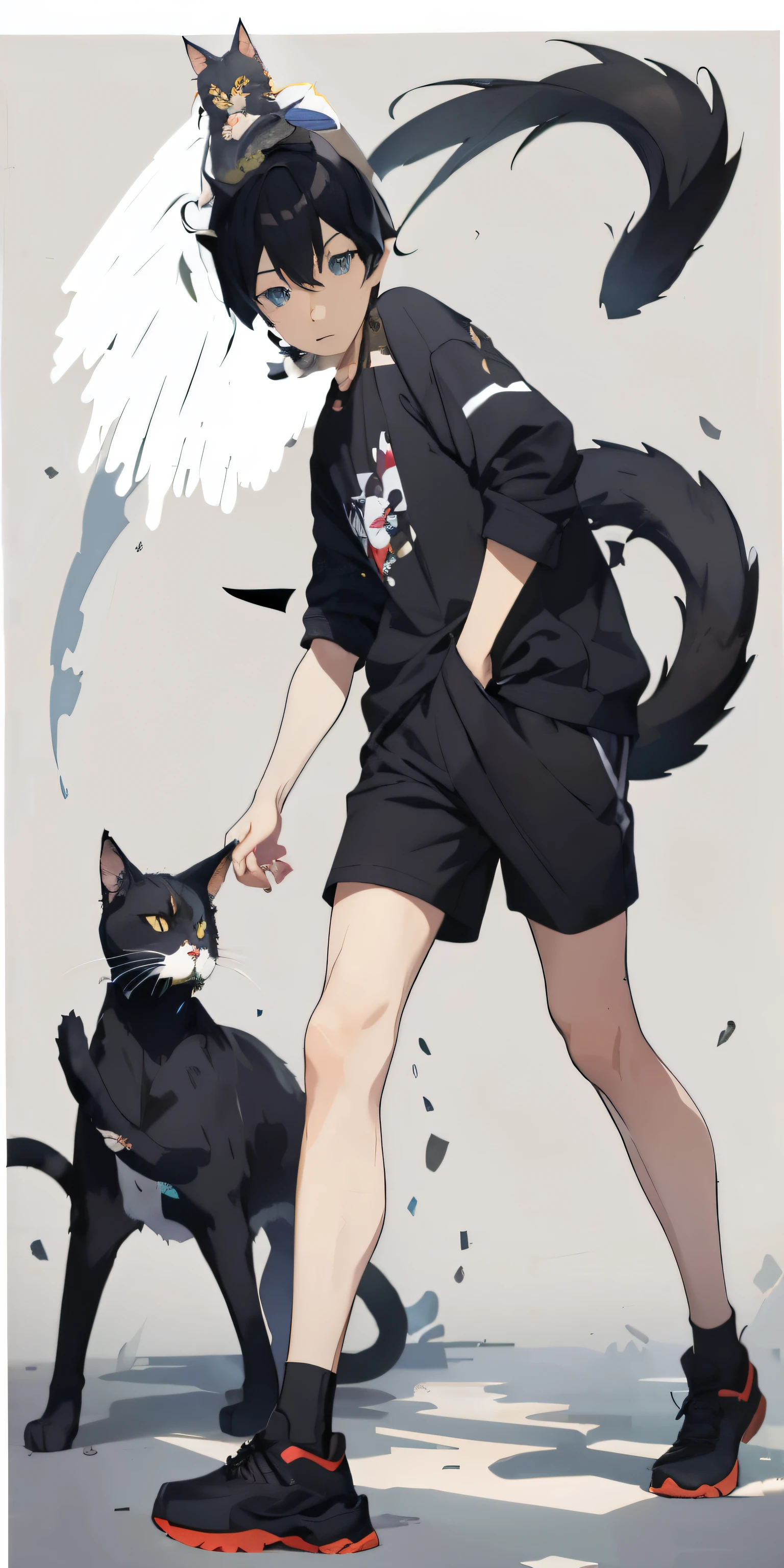 Anime character walking down the street with cat and wings, boy with cat ears and tail, anime cat, anime cat girl, emo boy with cat ears and tail, Anime full body illustration, author：heroes, author： quincan, cute anime catgirl, style anime, beautiful anime catgirl, style of anime, Male anime style, style of anime