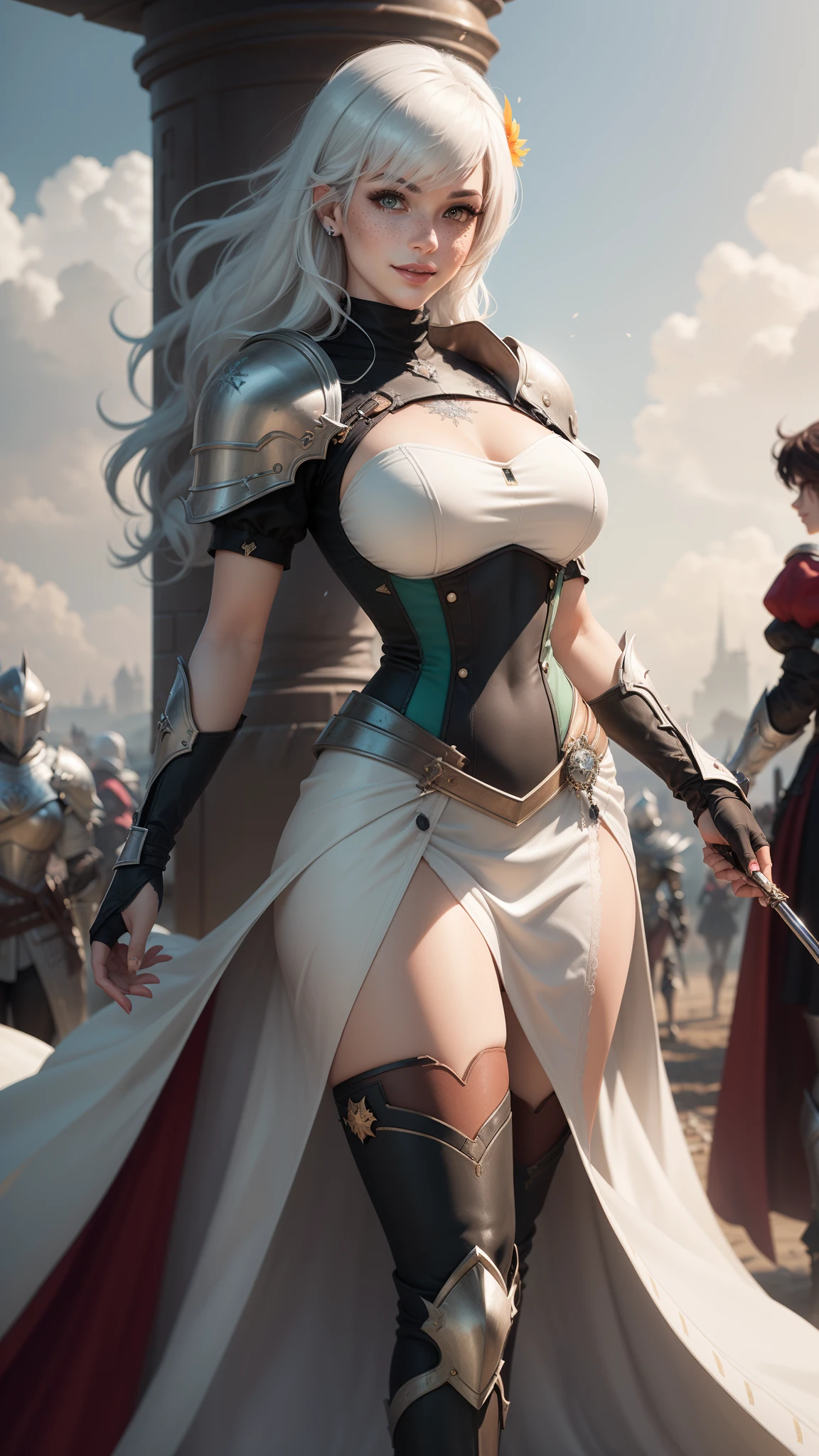 gwen tennyson,yorha 2b,tracer,y'shtola rhul,solo girl,overwatch,atelier ryza,close up,siege battle,tattoos,scarlet and white plugsuit,white short sleeve knight top, short sleeve full plate knight armor,long knight skirt,silver knight corset,long curly hair,princess makeup,green eyes, multicolored silver hair,long dress train, sexy smile,freckles,beautiful girl,knight thigh high boots,large breasts,8k,ultra detailed,realistic,fantasy art,silver knight uniform,queen gown dress,ear piercings,snowflake hand and neck jewelry,(weather:windy),long scarlet knight coat,battlefield,silver hair pin,