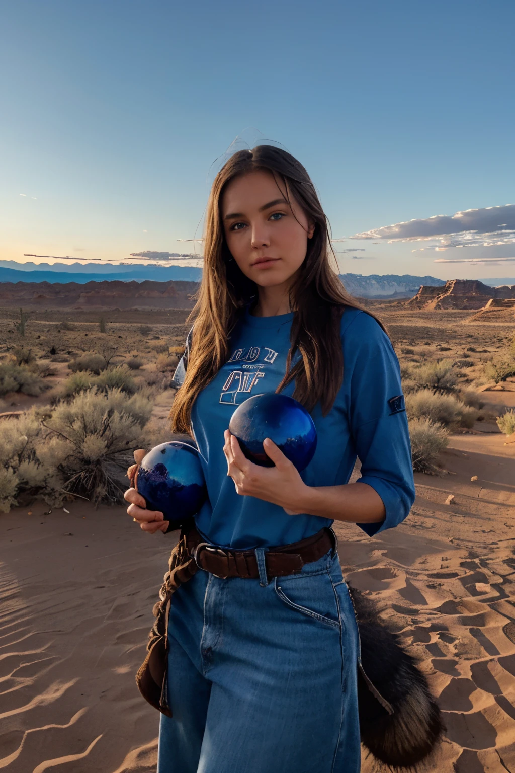 giant wolf blue eyes desert Utah ranch background blue Orb in the sky evening atmosphere