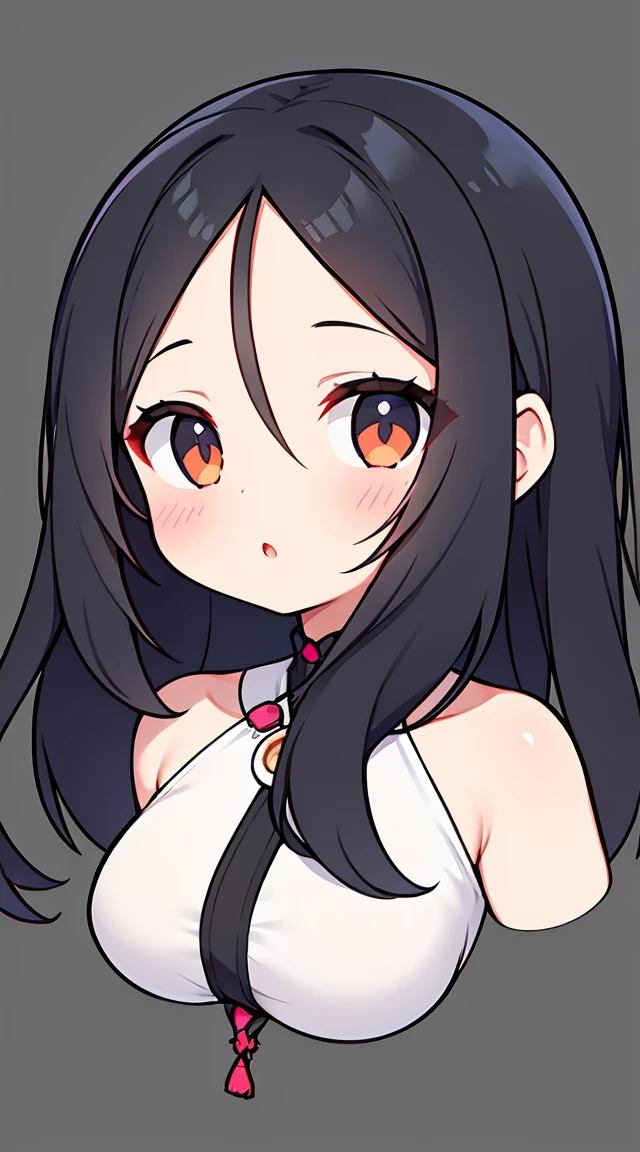 One girl with black hair, hair length until bust, straight hair, hair parted in center of head, round face. hairstyle with a center part, that the hair should be parted down the middle, creating a symmetrical look without any frontal hair covering the forehead.