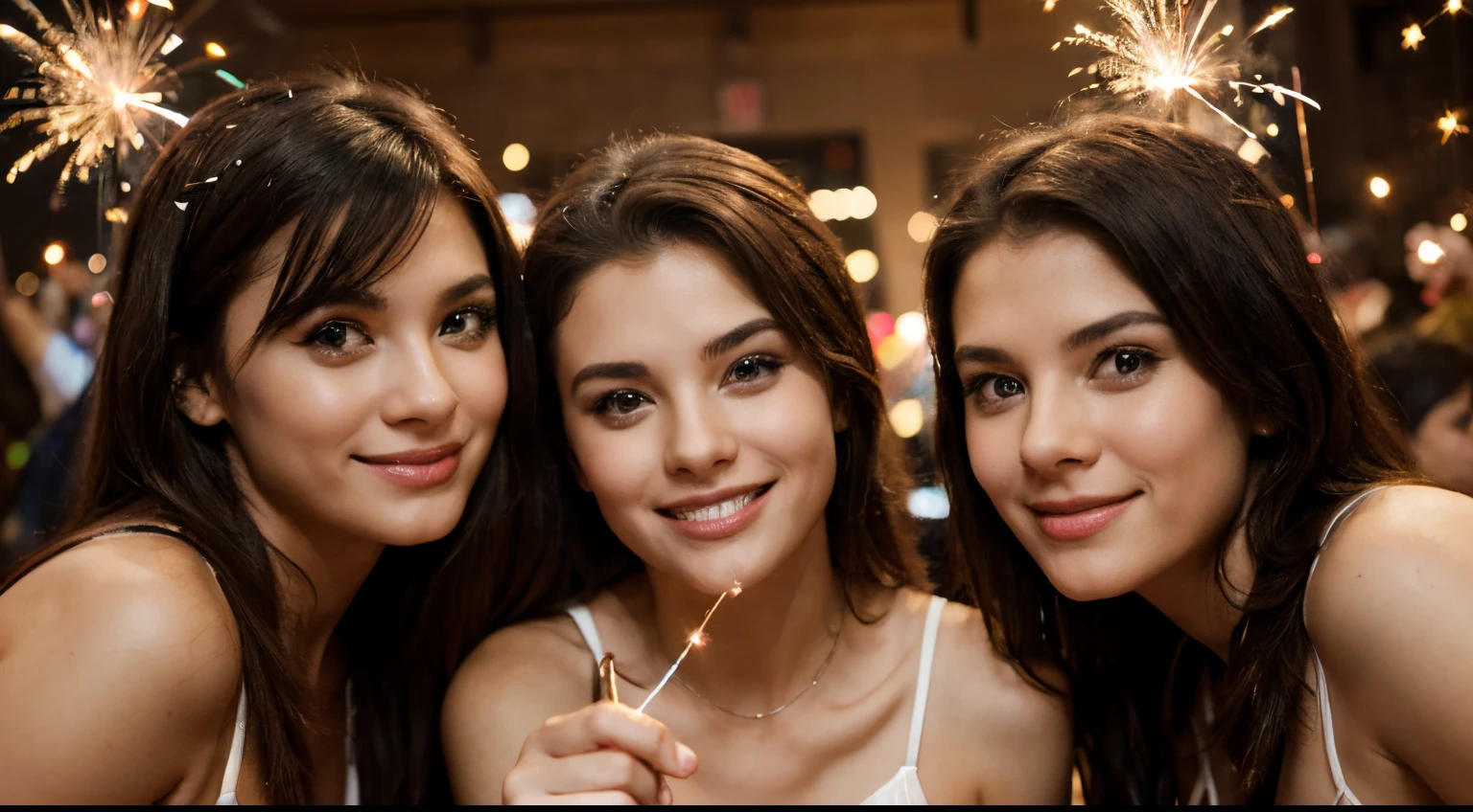 Group of friends having fun with sparklers celebrating Silvester. Happy New Year! Party, holidays, celebration and people concept - group of smiling friends with sparklers having fun at night club