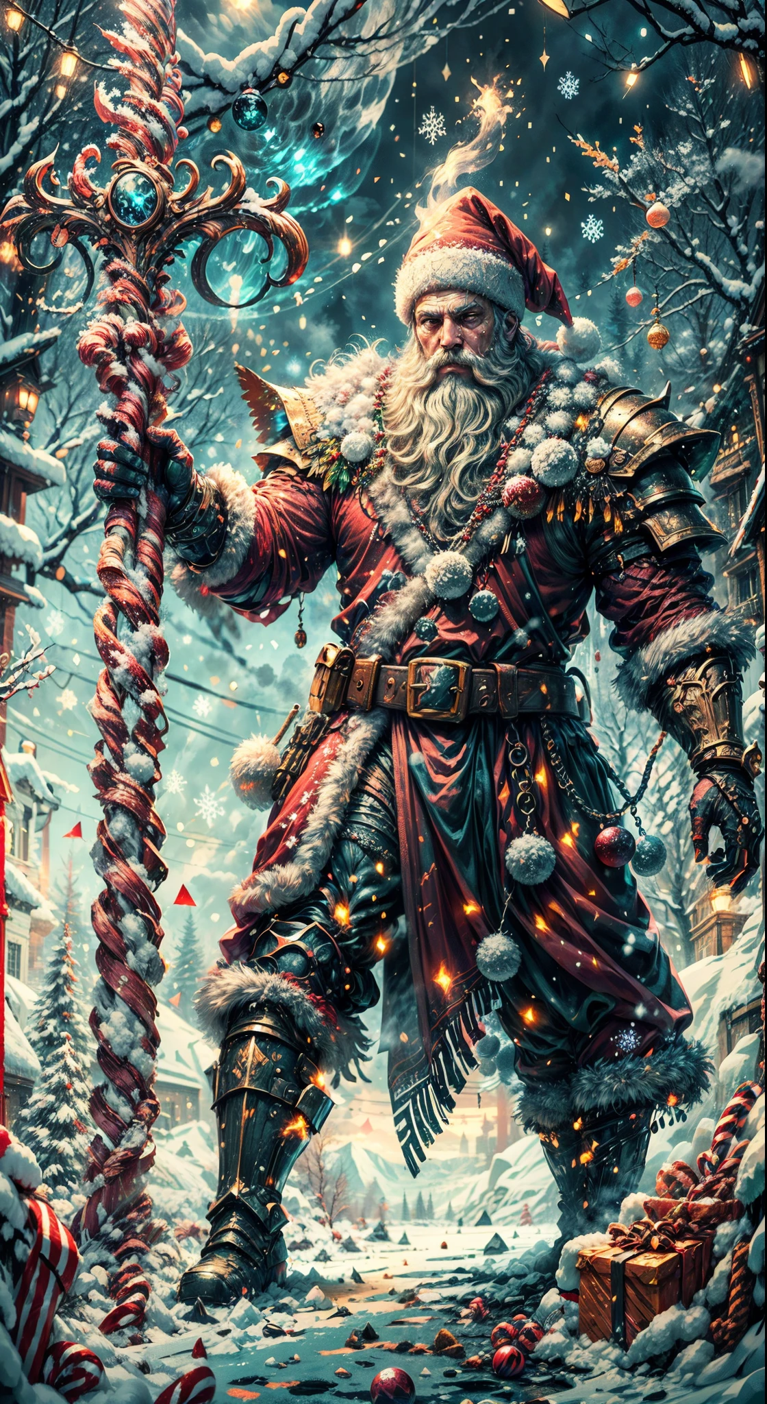 Santa Claus as the boss of the game "Dark Souls" in the Christmas DLC,best quality,4k,8k,highres,masterpiece:1.2,ultra-detailed,realistic:1.37,[HDR],[UHD],[studio lighting],extremely detailed face,beautiful detailed eyes,beautiful detailed lips,long eyelashes,[physically-based rendering],powerful physique,wearing a red and white armor suit with intricate designs,[imposing presence],holding a mighty candy cane [greatsword],surrounded by a snowy landscape,with large icicles hanging from the environment,casting a golden aura,[epic battle scene],intense fire and smoke effects,[vivid colorokeh],blue and white color scheme with hints of gold, dramatic lighting with warm highlights and cool shadows.