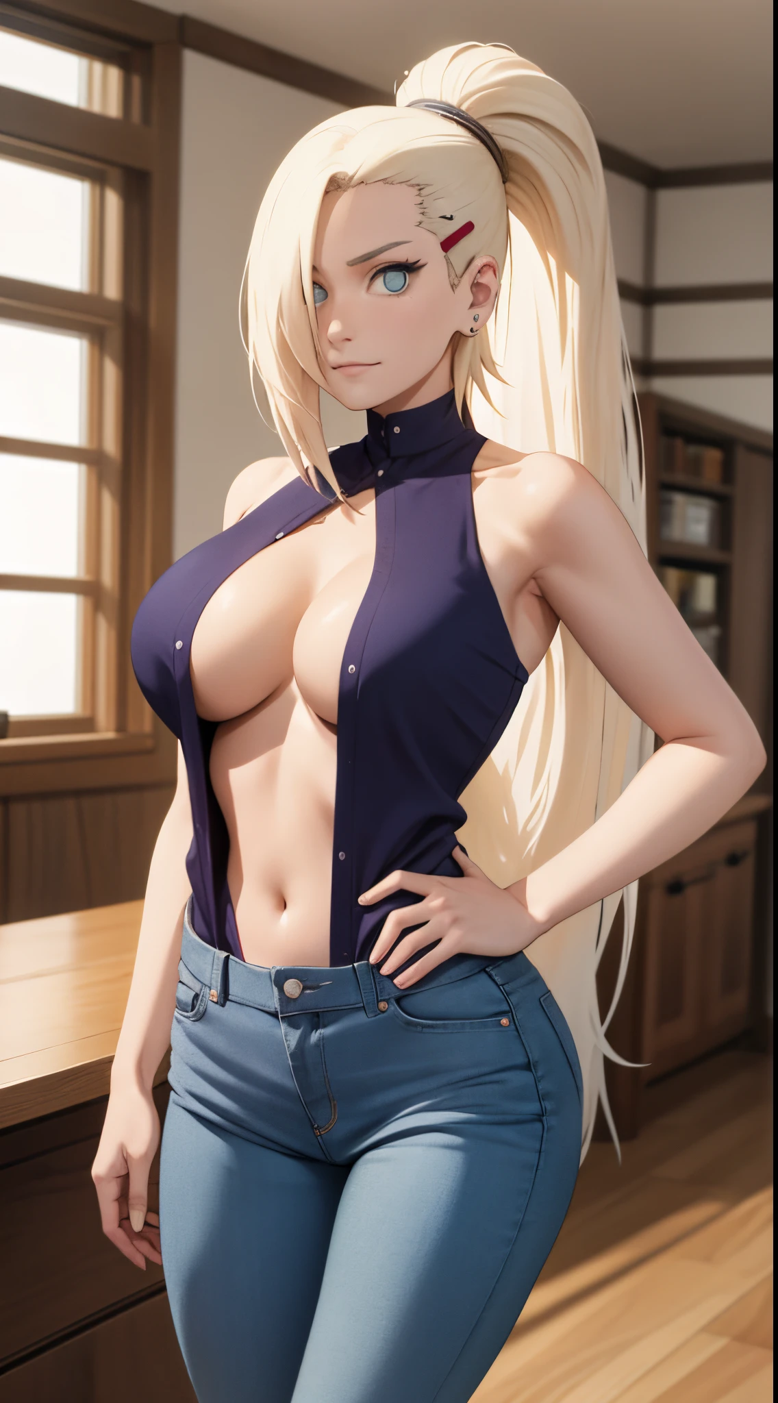 Ino yamanaka, schneit, sat,Spaltung,smil,Rot im Gesicht sein,drinnen im Zimmer,Nahaufnahme Nahaufnahme,mit einer guten Figur,mid large breasts,The breasts fall out immediately,clenched breasts,enges, open white shirt,Blaue skinny Jeans,both arms behind the back,nippel guckt raus