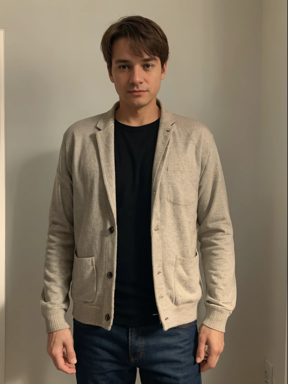 A middle-aged young man, dressed in crisp clothes, of average height and thin