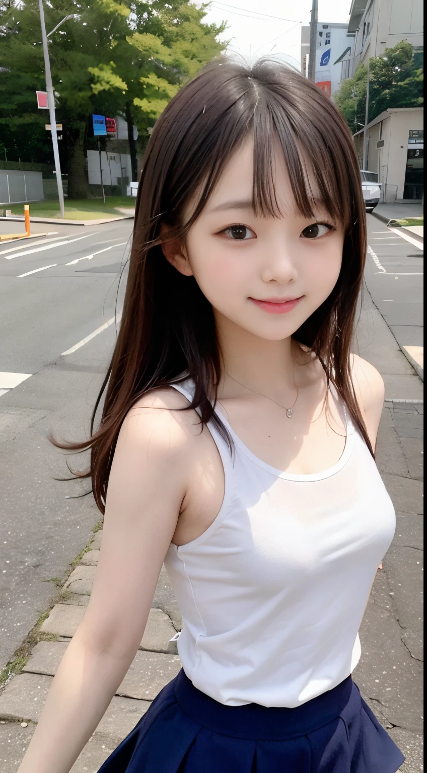 1 girl in , 16 yaers old,((A junior high school student)), Happy smile,  Best quality at best, girl running,A junior high school student, White ultra-thin transparent camisole:1.7, on the way to school, (elongated:1),Small under breasts, The wind is blowing,Hair soars