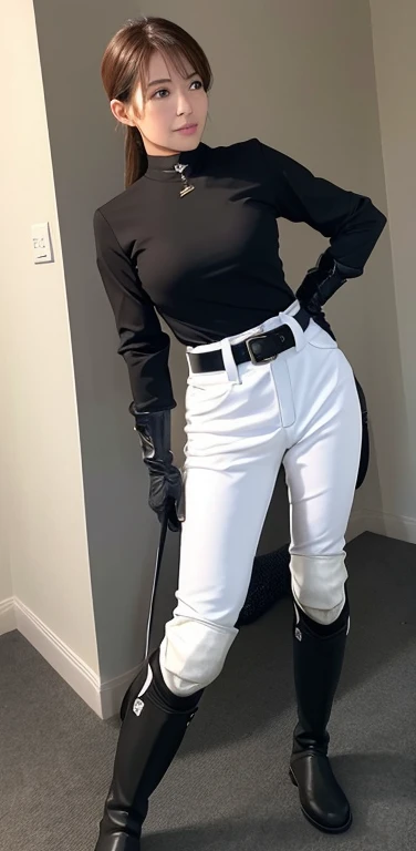 Female jockeys、maturefemale, Standing, Full body,riding outfit, dominant, (muscular:0.75), Long sleeves, Black Gloves, Have a whip、double-breasted, (Riding boots:1.4), White long trousers, slim, malformed, Harnes, Belt bag, Standing, horse behind,