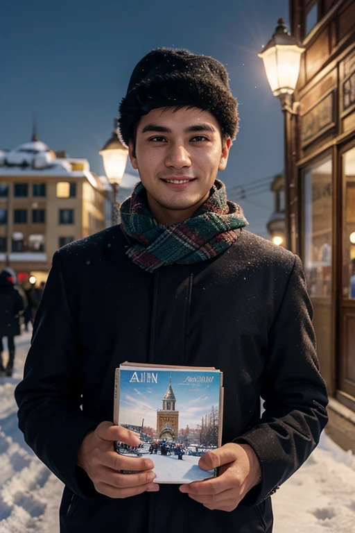 Generate an anime-style cartoon illustration of a handsome Uzbek boy with distinct national features, set in winter in Tashkent. The character should be depicted wearing traditional Uzbek winter clothing, with warm layers and perhaps a traditional hat or scarf. The scene should showcase a snowy day in Tashkent, with the boy holding a book titled "AZIN" and sporting a friendly smile. Capture the essence of winter in the city, perhaps including recognizable landmarks or elements that represent Tashkent's unique atmosphere during the colder months.