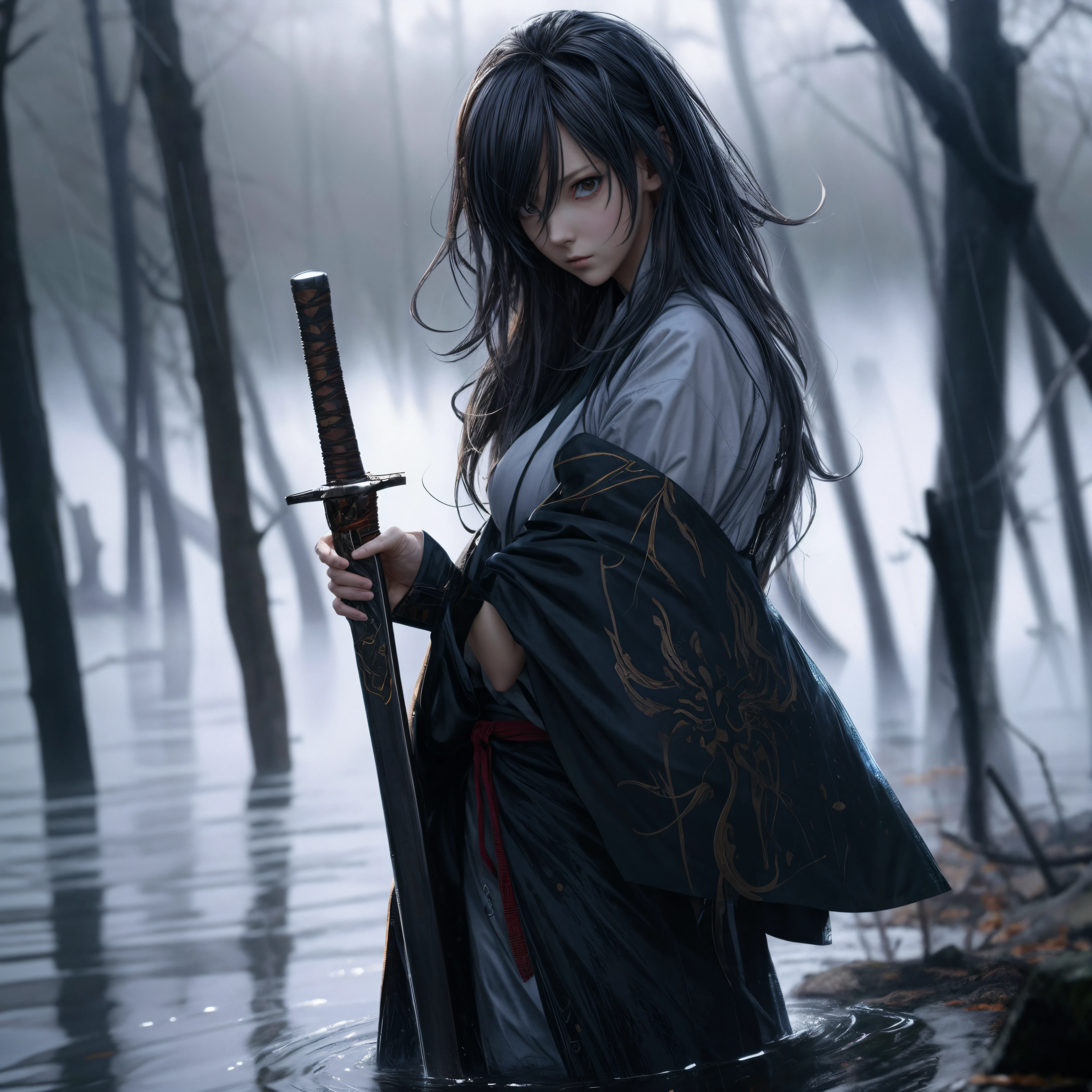anime girl avec une épée dans l'eau avec des arbres en arrière-plan, Anime badass 8 k, Elle tient une épée katana, Fond d'écran d'anime 4k, Style anime 4 K, Anime Art Fond d’écran 8K, Anime Art Fond d’écran 4K, Anime Art Fond d’écran 4K, Fond d’écran d’anime 4k, Fonds d’écran d’anime 4k, Tenez l'épée dans la forêt, Elle tient une épée