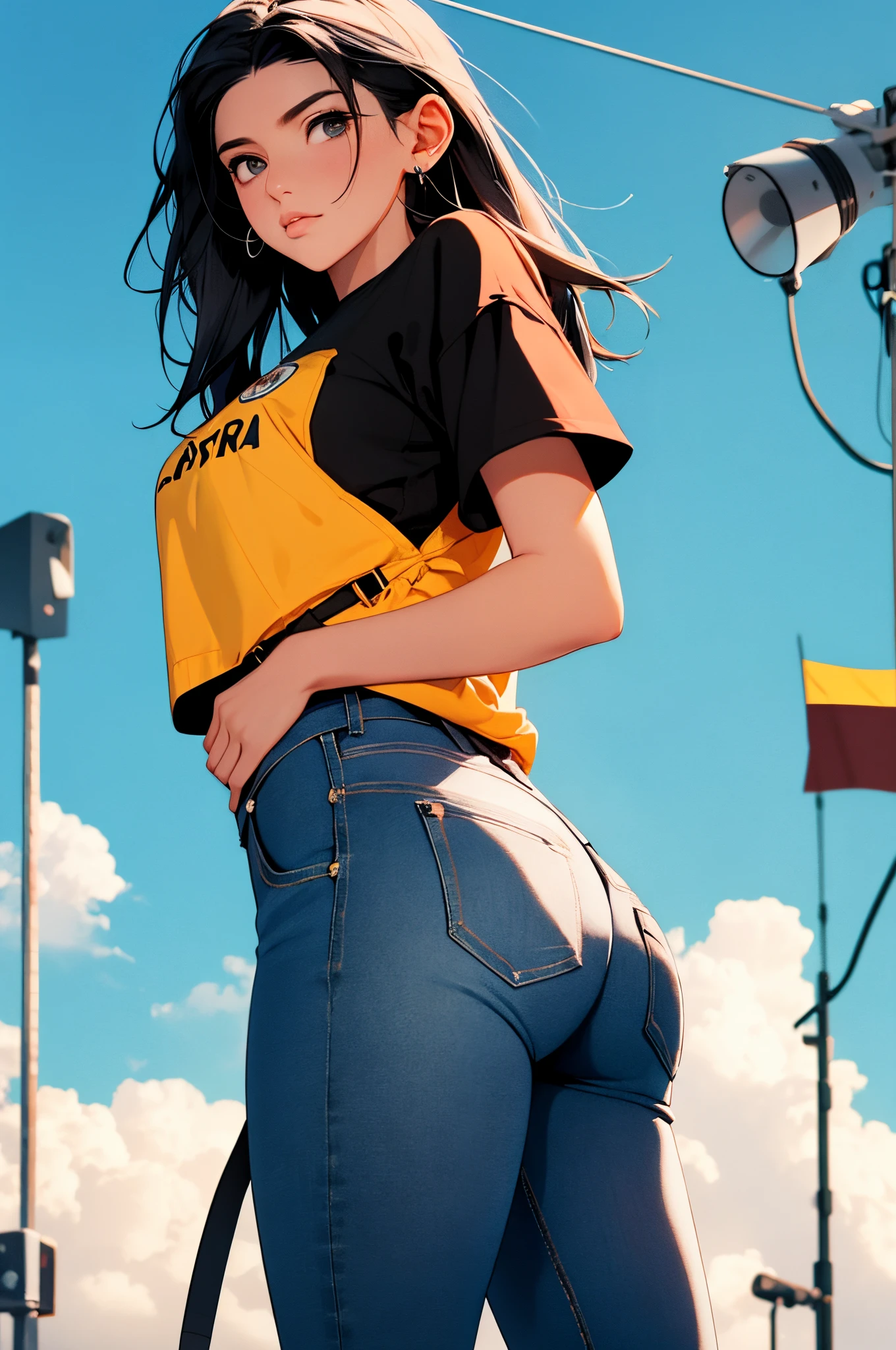 (Hinata Hyuga, muito , com roupas apertadas, bunda grande, pernas grossas, Wearing extremely tight jeans, usando uma mini blusa, umbigo com pirsing, cabelo grande, Speaker behind, muito realista, extremamente sexy, 8k, 8k extremamente detalhado), (um extremamente delicado e bonito), (obra-prima), (melhor qualidade: 1.0), (ultra highres:1.0)
