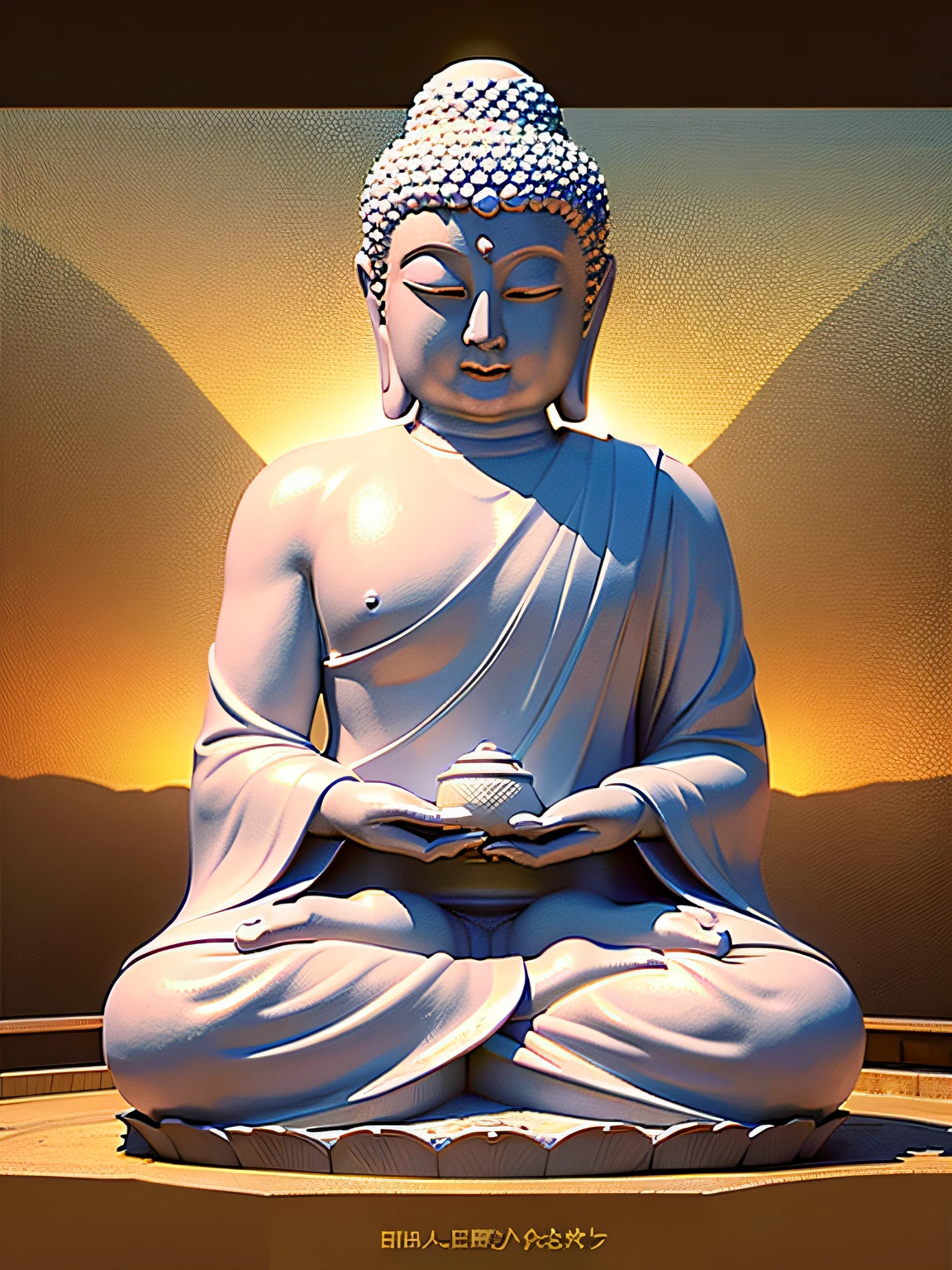 on a grassy field,flowers blooming,The sky is blue,The background is blue sky,clouds,There is the sun in the sky,There is a huge white Buddha statue on a lotus base,The Buddha statue clasped his hands together,Shoot from a distance,,rays of sunshine,フォトリアリスティック