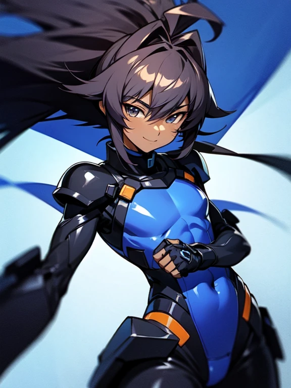 (((Dark skin))), (otokonoko), 1 male, cute, young, (beautiful boy) (long dark brown hair with long ahoge)), hazel eye colour, flat lean buff chested black), wear a (black muv-luv fortified suit) black armoured bodysuit outfit black exosuit legging black gauntlets, long black trenchcoat,smile, close up, ((magical boy))