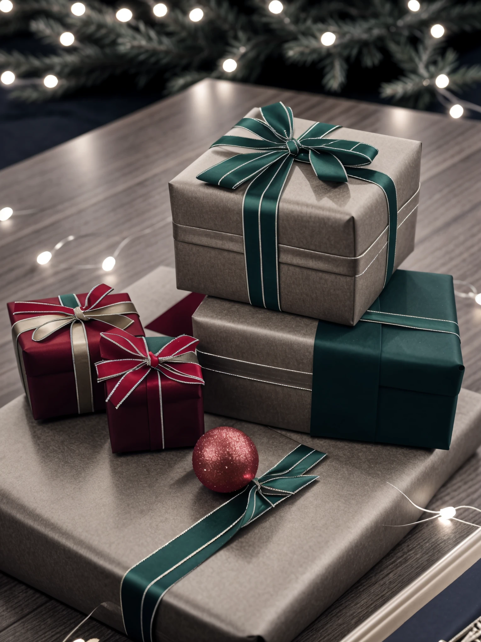 (best quality,4k,8k,highres,masterpiece:1.2),ultra-detailed,realistic,gifts,table,Christmas tree,decorations,wrapping ,bows,ribbon,presents,holiday spirit,vibrant colors,warm lighting,cozy atmosphere,toys,cards,candles,snowflakes,joyful,celebration,exquisite details,exciting surprises,shiny ornaments,sparkling tinsel,beautifully wrapped,excited children,anticipation,festive mood,magical ambiance,delightful moment,wonderful memories,family gathering,cheerful faces,Christmas magic,extravagant,abundance of presents,HDR,UHD,studio lighting,ultra-fine painting,sharp focus,physically-based rendering,professional,vivid colors,bokeh.